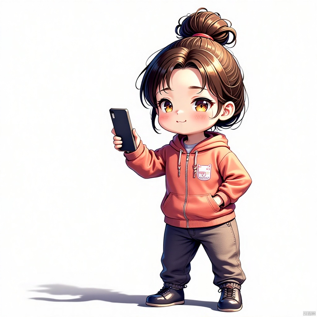 gongfu, Powder blusher, brown hair, single person, holding, hood, 1 girl, phone, white background, long sleeve, simple background, ponytail, pants, in the office, computer, whole body, standing, mobile phone, child, smile, elderly down jacket, hoodie, single bun, mouth closed, hood worn, girl, brown eyes,