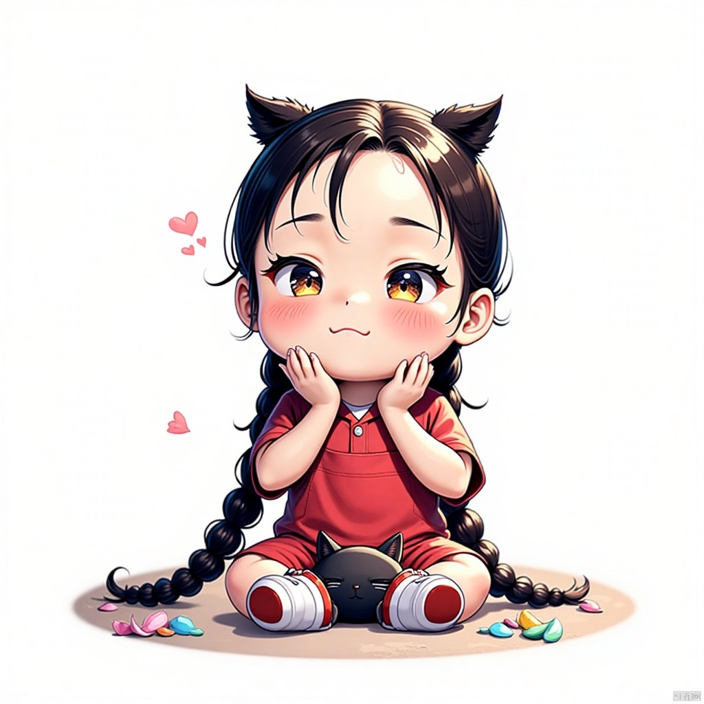 gongfu,best quality,highres,masterpiece,simple background,1girl,black hair,braid,overalls,child,twin braids,shirt,female child,cat,sitting,red footwear,white background,short sleeves,blush,solo,red shirt,long hair,twintails,petals,looking away,simple background,head rest,shoes,flower,animal,closed mouth,black eyes,hands on own face,