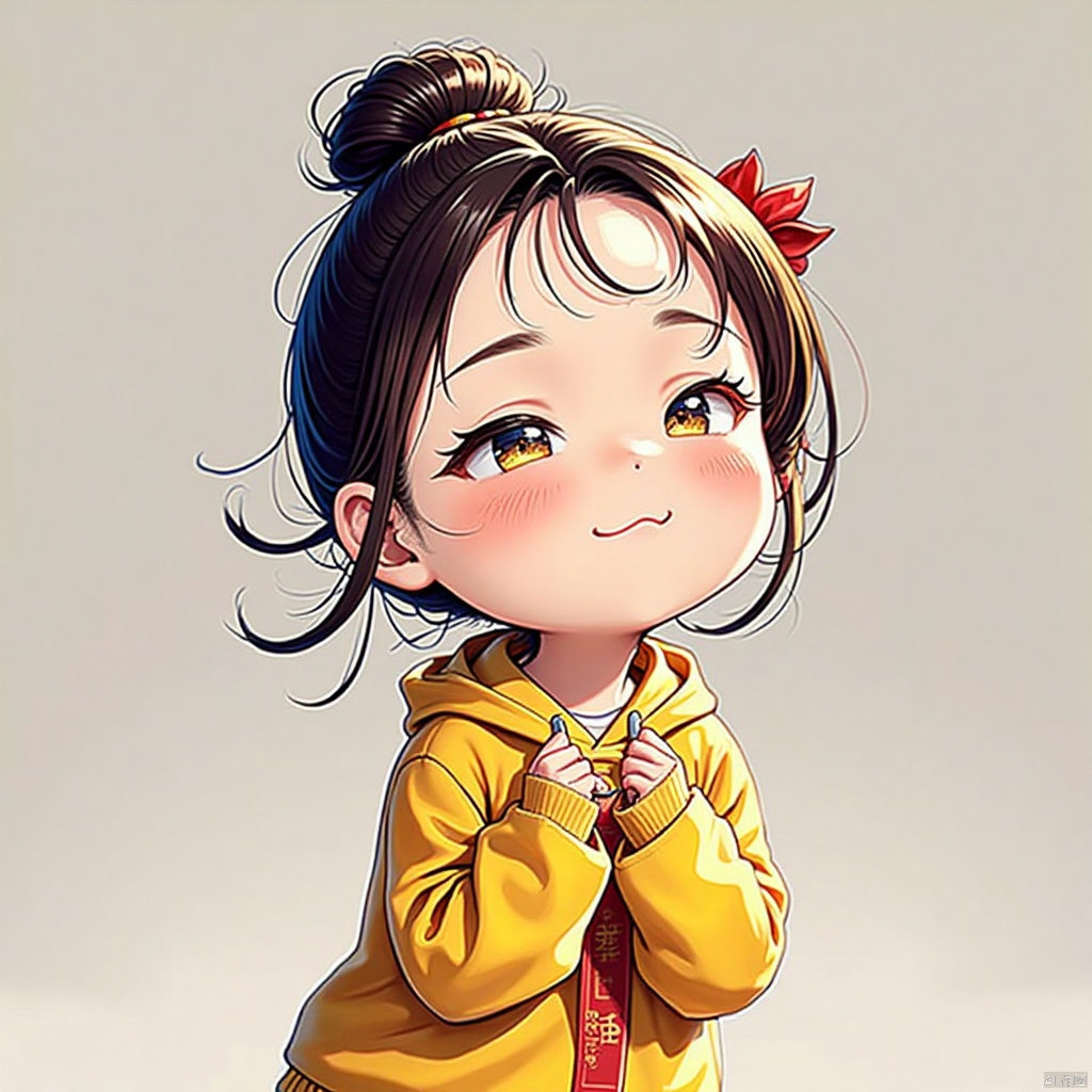 gongfu,A little girl,wearing yellow and red Hanfu,bun,hairpin,wearing flowers,standing and smiling happily,