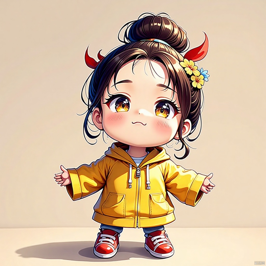 gongfu,A little girl,wearing yellow and red Hanfu,bun,hairpin,wearing flowers,standing and smiling happily,