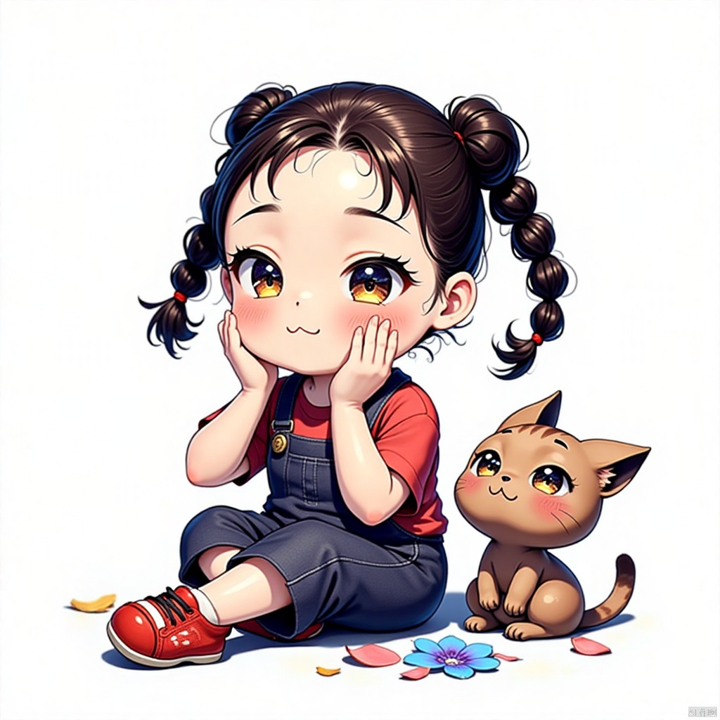 gongfu,best quality,highres,masterpiece,simple background,1girl,black hair,braid,overalls,child,twin braids,shirt,female child,cat,sitting,red footwear,white background,short sleeves,blush,solo,red shirt,long hair,twintails,petals,looking away,simple background,head rest,shoes,flower,animal,closed mouth,black eyes,hands on own face,