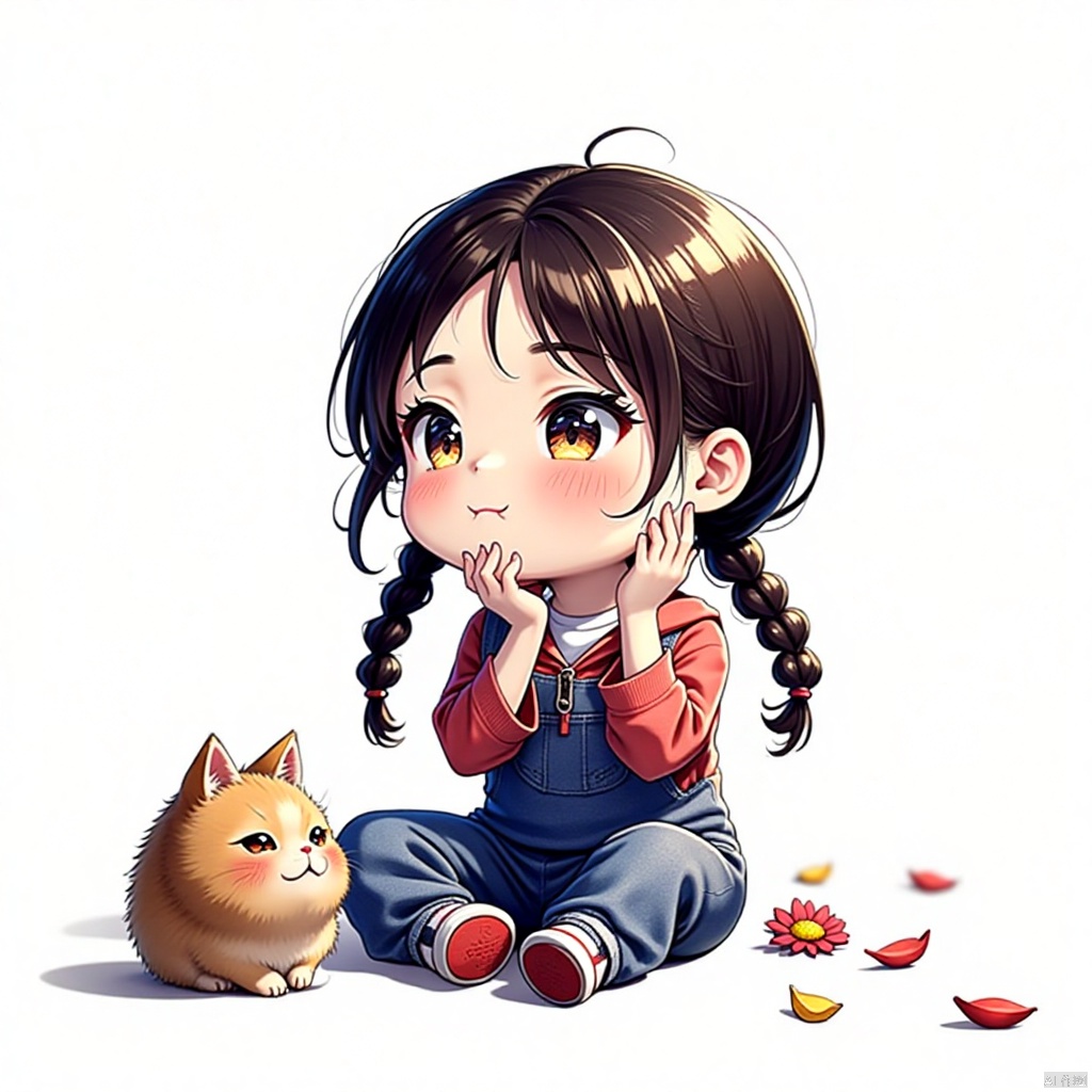 gongfu,best quality,highres,masterpiece,simple background,1girl,black hair,braid,overalls,child,twin braids,shirt,female child,cat,sitting,red footwear,white background,short sleeves,blush,solo,red shirt,long hair,twintails,petals,looking away,simple background,head rest,shoes,flower,animal,closed mouth,black eyes,hands on own face,