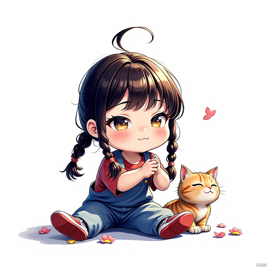 gongfu,best quality,highres,masterpiece,simple background,1girl,black hair,braid,overalls,child,twin braids,shirt,female child,cat,sitting,red footwear,white background,short sleeves,blush,solo,red shirt,long hair,twintails,petals,looking away,simple background,head rest,shoes,flower,animal,closed mouth,black eyes,hands on own face,