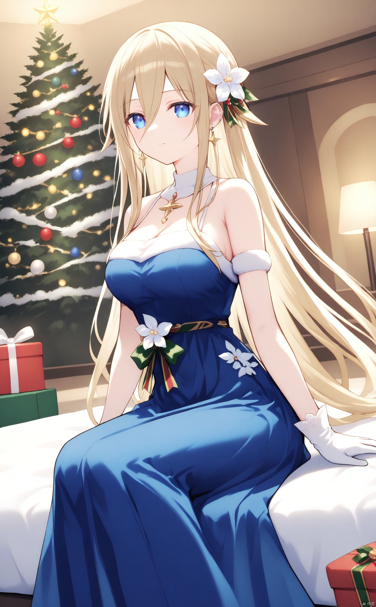 A serene Christmas scene: a young woman sits alone, surrounded by the soft glow of twinkling lights and the majestic presence of a decorated Christmas tree. Her long, flowing hair cascades down her back like a golden waterfall, with a delicate white flower adorning her locks. Her piercing blue eyes meet the viewer's gaze, as she smiles subtly behind closed lips. She wears a sleeveless, high-necked blue dress that complements her striking features, and her bare shoulders are adorned with intricate gloves. A sprig of mistletoe or holly is nestled among her hair, adding to the festive atmosphere. Her medium-sized breasts are showcased beneath the fitted bodice of her dress, as she sits cross-legged on a plush carpet. The overall ambiance exudes tranquility and joy, capturing the essence of a peaceful Christmas evening.takamiya mio