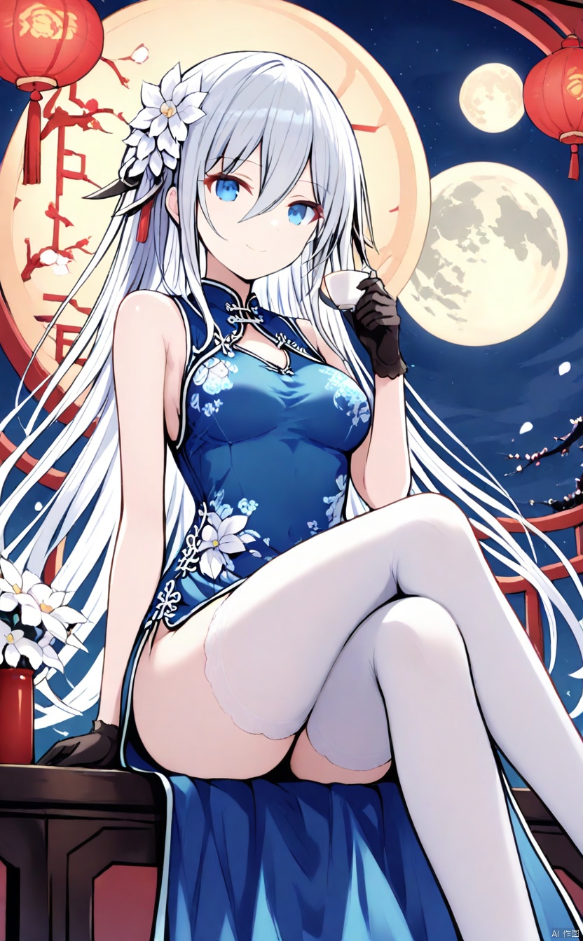 1girl, solo, long hair, breasts, looking at viewer, smile, bangs, blue eyes, hair ornament, gloves, dress, hair between eyes, bare shoulders, medium breasts, sitting, very long hair, closed mouth, flower, white hair, sky, sleeveless, hair flower, cup, night, sleeveless dress, blue dress, chinese clothes, moon, crossed legs, white flower, china dress, full moon,takamiya mio