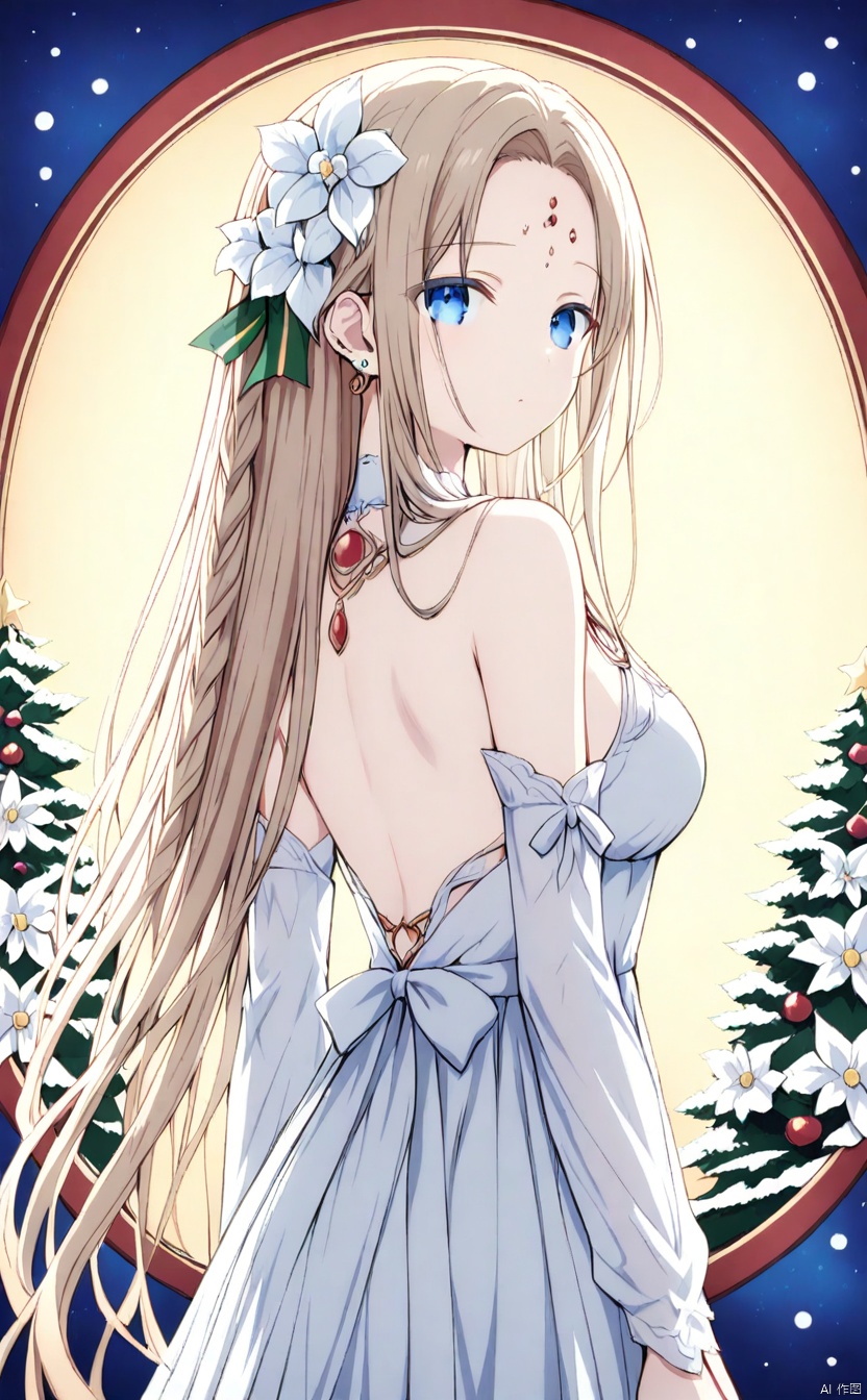 A young woman with piercing blue eyes and long, flowing locks framing her face gazes directly at the viewer. Her bangs sweep across her forehead, and a delicate white flower adorns her hair. A white dress hugs her curves, featuring detached sleeves that drape elegantly from her shoulders. The garment is backless, revealing a subtle glimpse of her bare skin as she looks over her shoulder, her very long hair cascading down her back like a golden waterfall. A braid runs along the side of her head, and a hair flower adds a touch of whimsy to her overall Christmas attire.takamiya mio