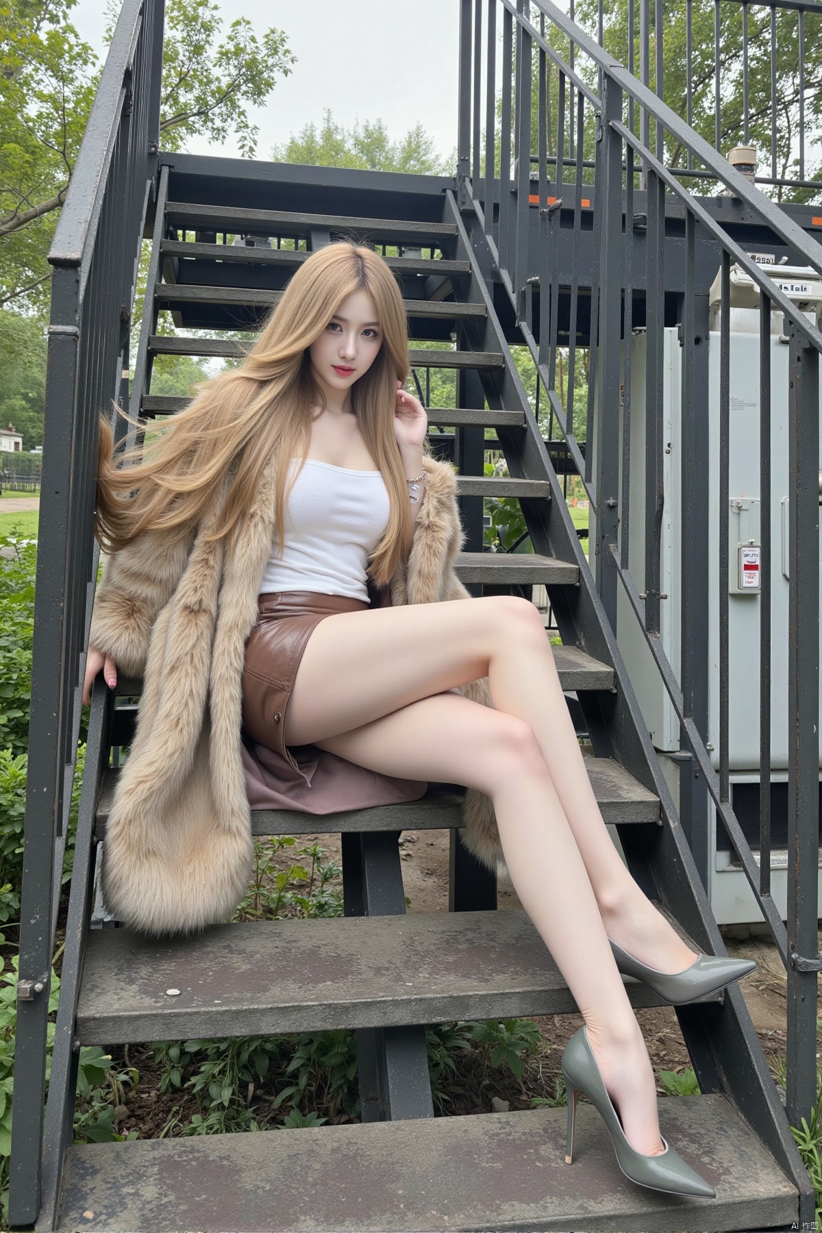 Realistic photos, 1girl, long flowing hair, fair skin, big breasts, tube top, mink coat, short leather skirt, long legs, high heels, whole body, sitting, substation, iron stairs, greenery,