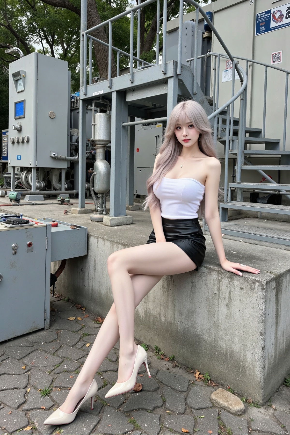 Realistic photos, 1girl, long flowing hair, fair skin, big breasts, tube top, short leather skirt, long legs, high heels, full body, sitting, substation, iron stairs, greenery,