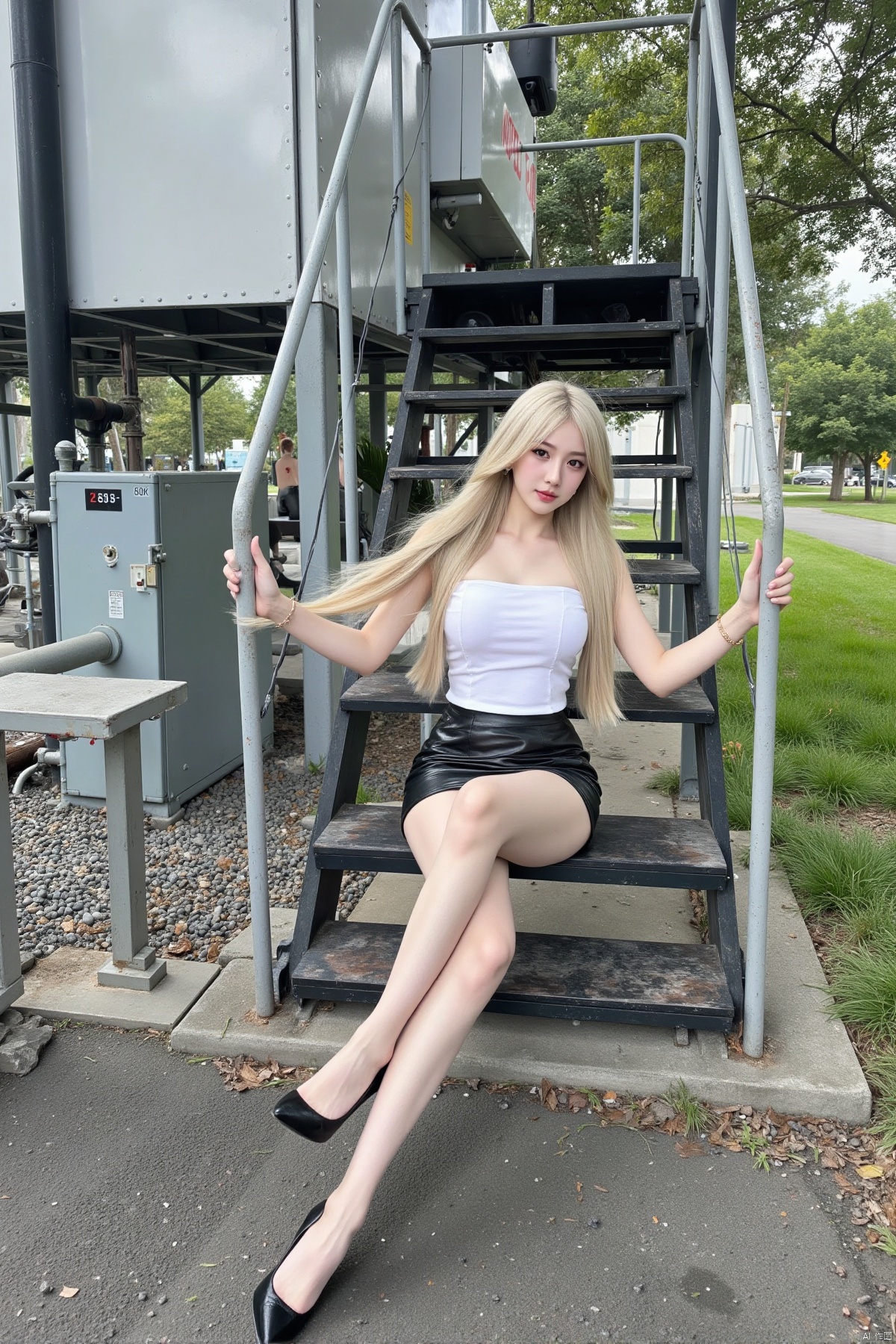 Realistic photos, 1girl, long flowing hair, fair skin, big breasts, tube top, short leather skirt, long legs, high heels, full body, sitting, substation, iron stairs, greenery,