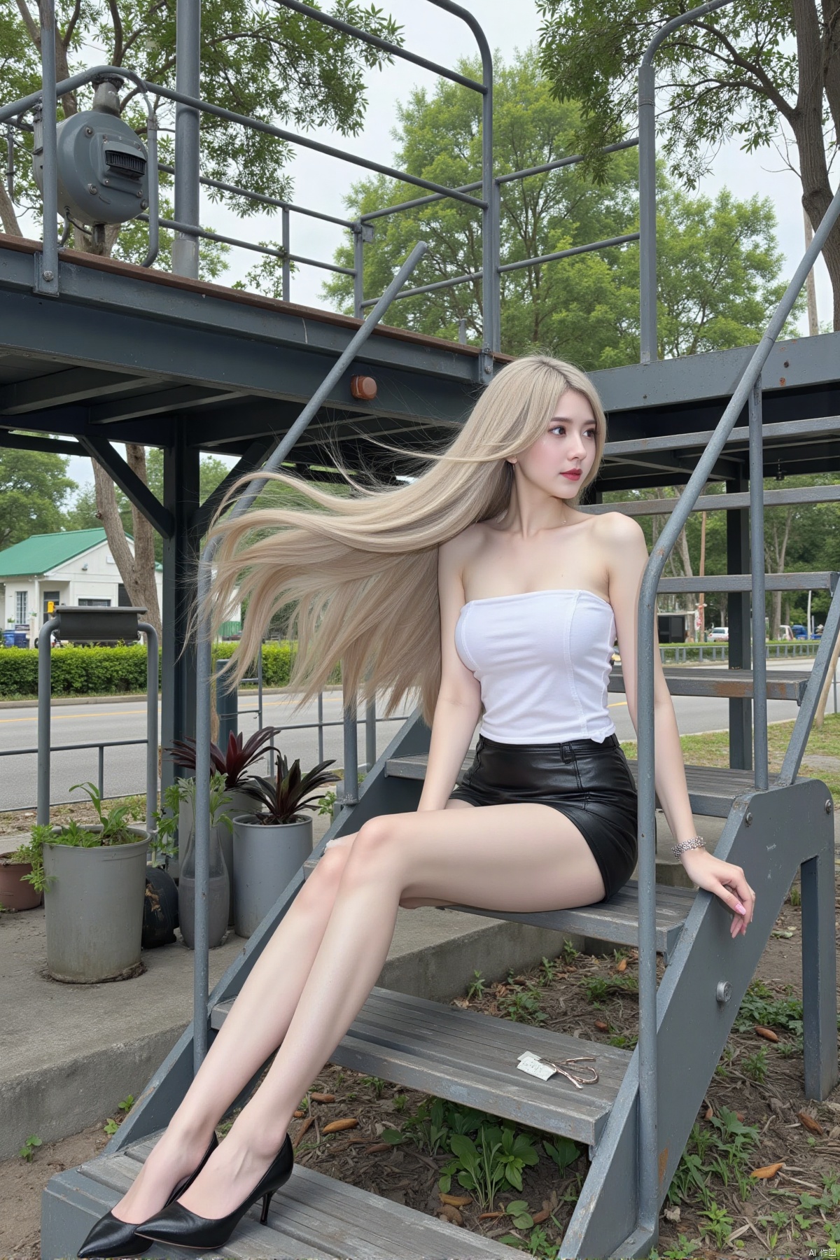 Realistic photos, 1girl, long flowing hair, fair skin, big breasts, tube top, short leather skirt, long legs, high heels, full body, sitting, substation, iron stairs, greenery,