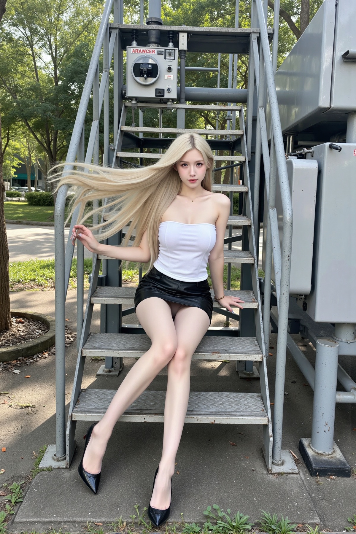 Realistic photos, 1girl, long flowing hair, fair skin, big breasts, tube top, short leather skirt, long legs, high heels, full body, sitting, substation, iron stairs, greenery,