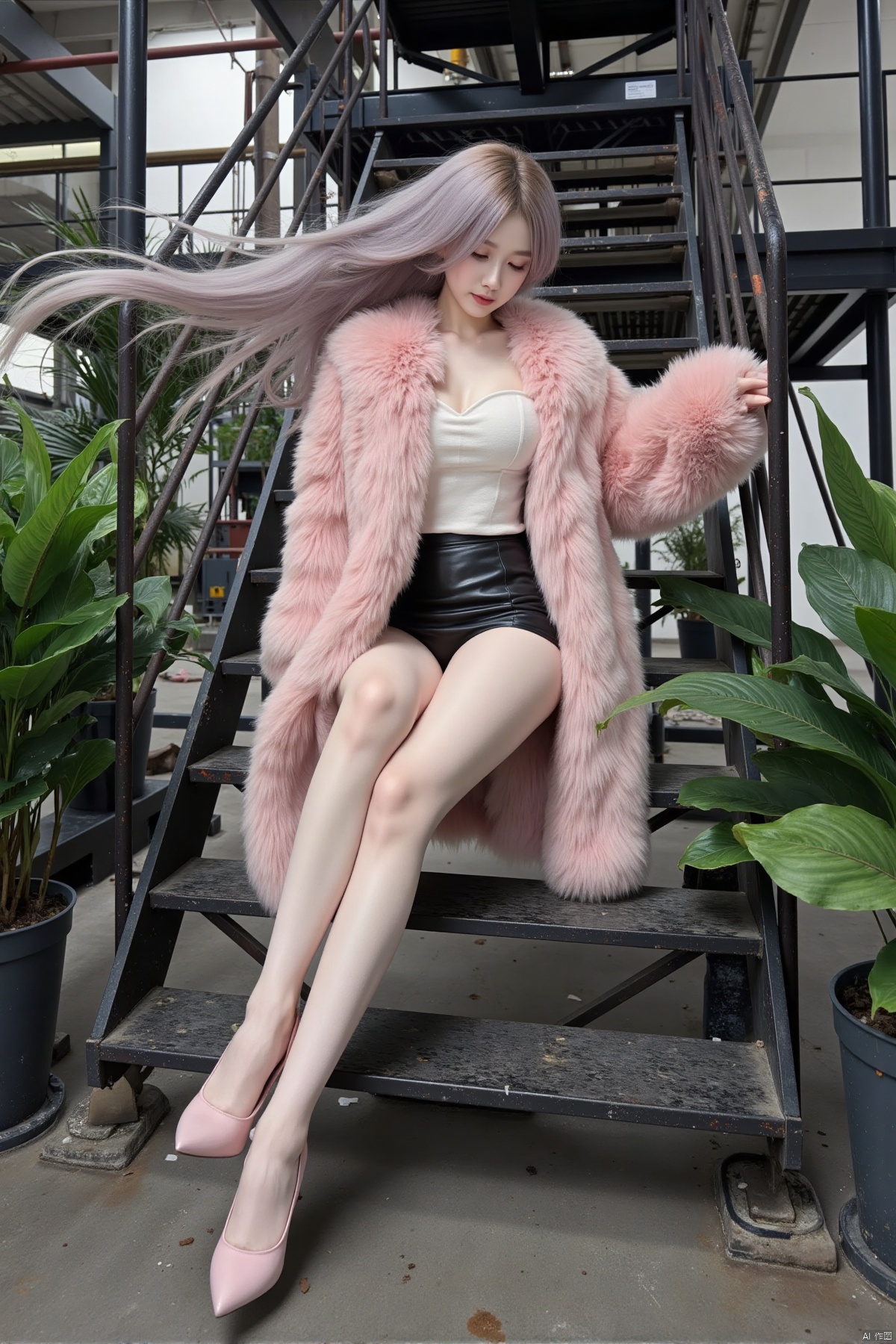 Realistic photos, 1girl, long flowing hair, fair skin, big breasts, tube top, pink mink coat, short leather skirt, panties, long legs, high heels, full body, sitting, factory, iron stairs, green plants,