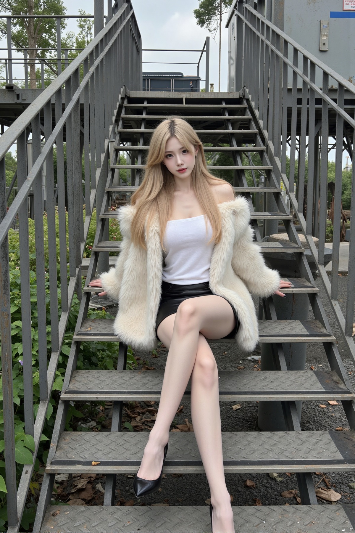 Realistic photos, 1girl, long flowing hair, fair skin, big breasts, tube top, mink coat, short leather skirt, long legs, high heels, whole body, sitting, substation, iron stairs, greenery,