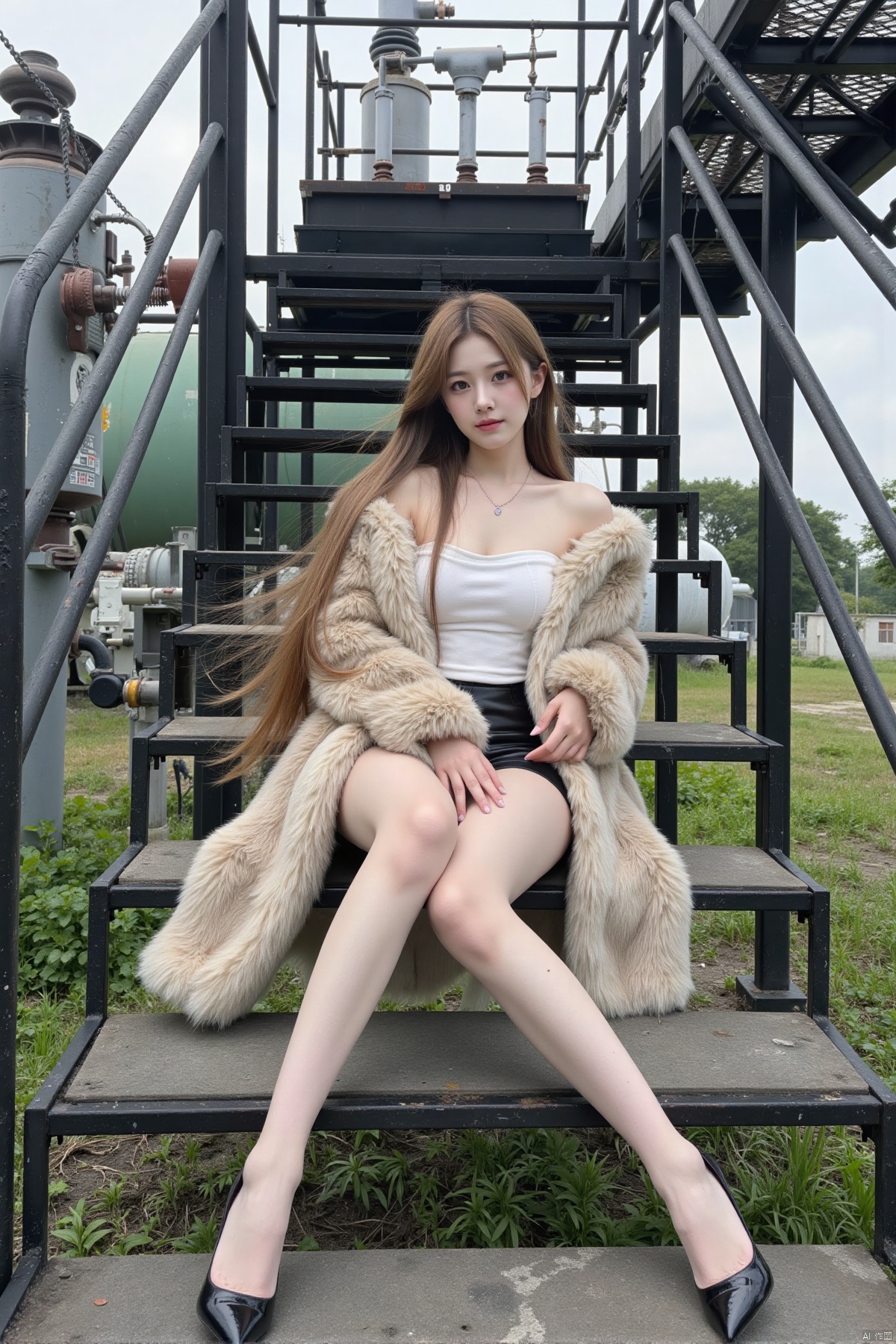Realistic photos, 1girl, long flowing hair, fair skin, big breasts, tube top, mink coat, short leather skirt, long legs, high heels, whole body, sitting, substation, iron stairs, greenery,