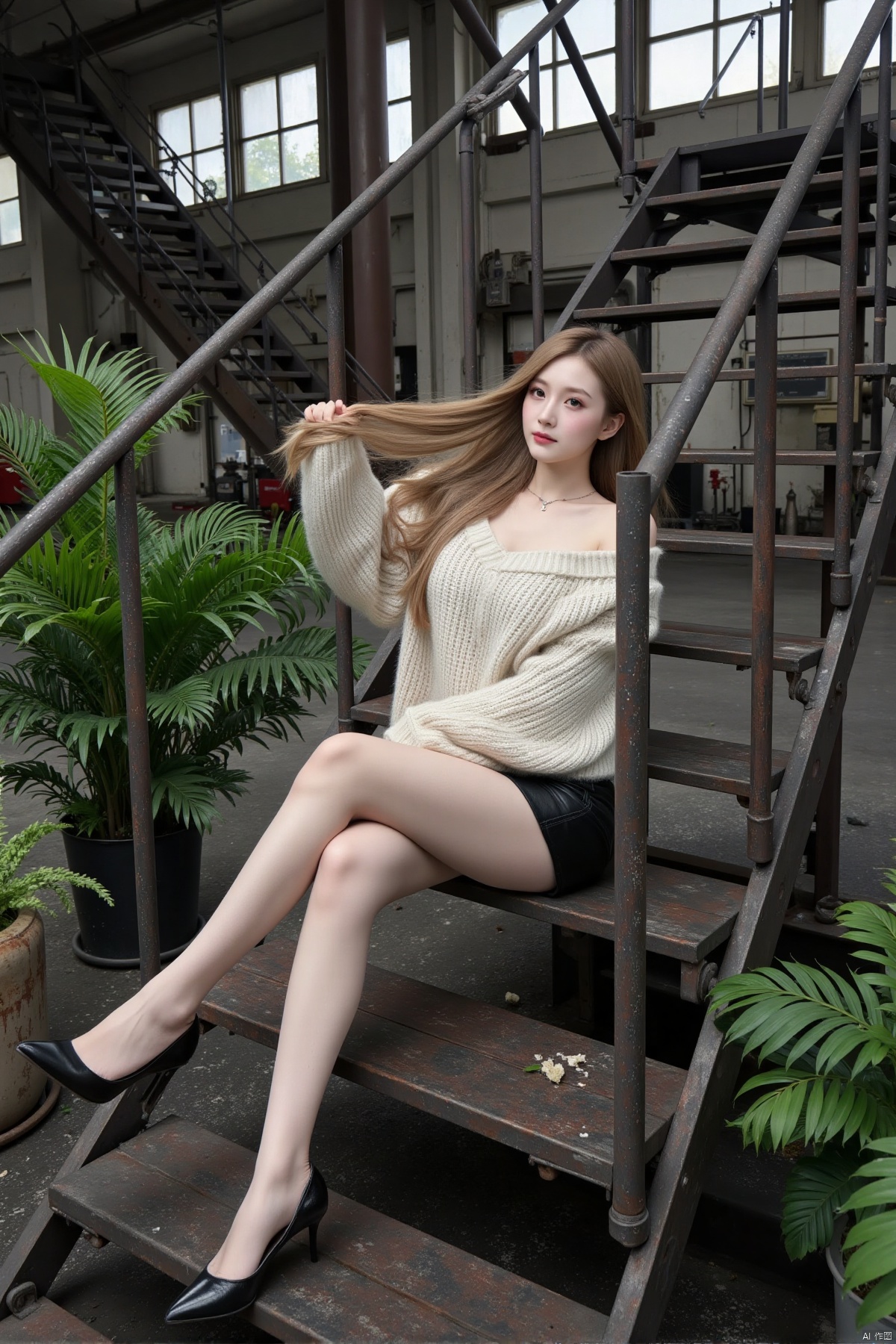 Realistic photos, 1girl, long flowing hair, fair skin, big breasts, off-shoulder sweater, short leather skirt, long legs, high heels, full body, sitting, factory, iron stairs, green plants,