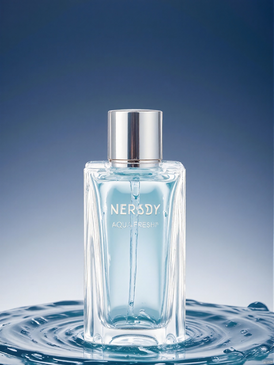 DSCJ, Photograph of a clear, square perfume bottle with a silver cap, filled with blue liquid, placed on a reflective surface with water droplets. The background is a gradient blue, with a shallow depth of field, keeping the bottle in sharp focus while the background is blurred. The bottle is centered, with the brand name "Nerdsd" and the text "Aqua Fresh" visible. The lighting is soft, highlighting the transparency of the liquid. The overall aesthetic is clean and modern.
