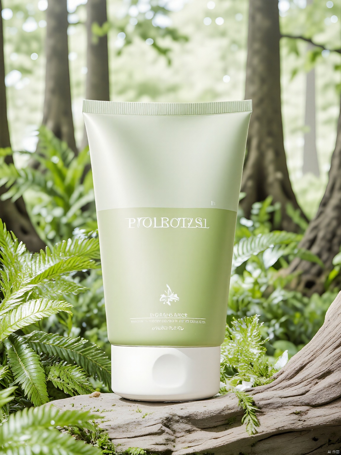 DSCJ, A photograph of a green, gradient tube of skincare product labeled "Biossance" with the text "Squalane + Peptide" in white. The product is placed on a mossy rock in a lush, dense forest with tall trees and ferns. The background is slightly blurred, focusing on the product. The lighting is soft and natural, highlighting the green hues of the product and the forest. The camera angle is straight-on, capturing the product from the front. The depth of field is shallow, with the background elements slightly out of focus. The overall mood is serene and natural.
