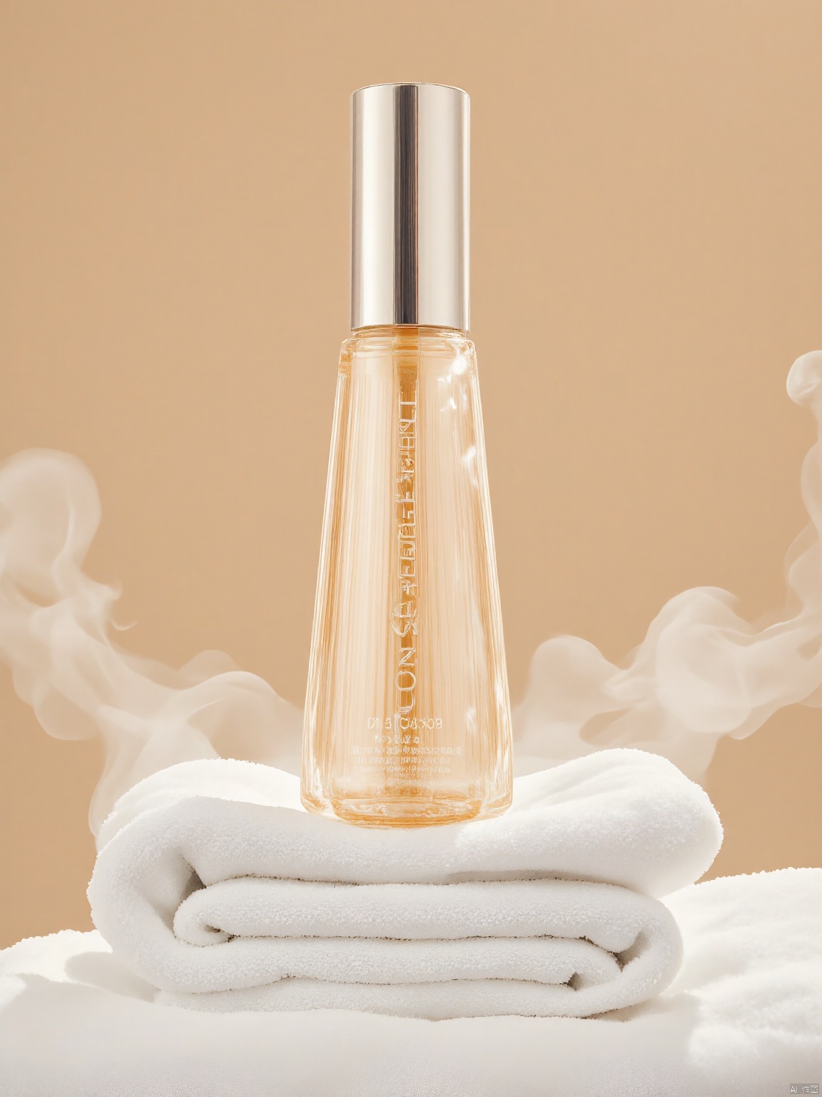 DSCJ, A tall, cylindrical bottle emblazoned with "LuminousEssence" in shimmering silver sits atop a stack of clean towels in a spa-like bathroom setting. The bottle is the focal point, with steam rising from the towels and a soft, warm lighting creating a relaxing atmosphere. The product's claims and highlights are boldly printed on the label.