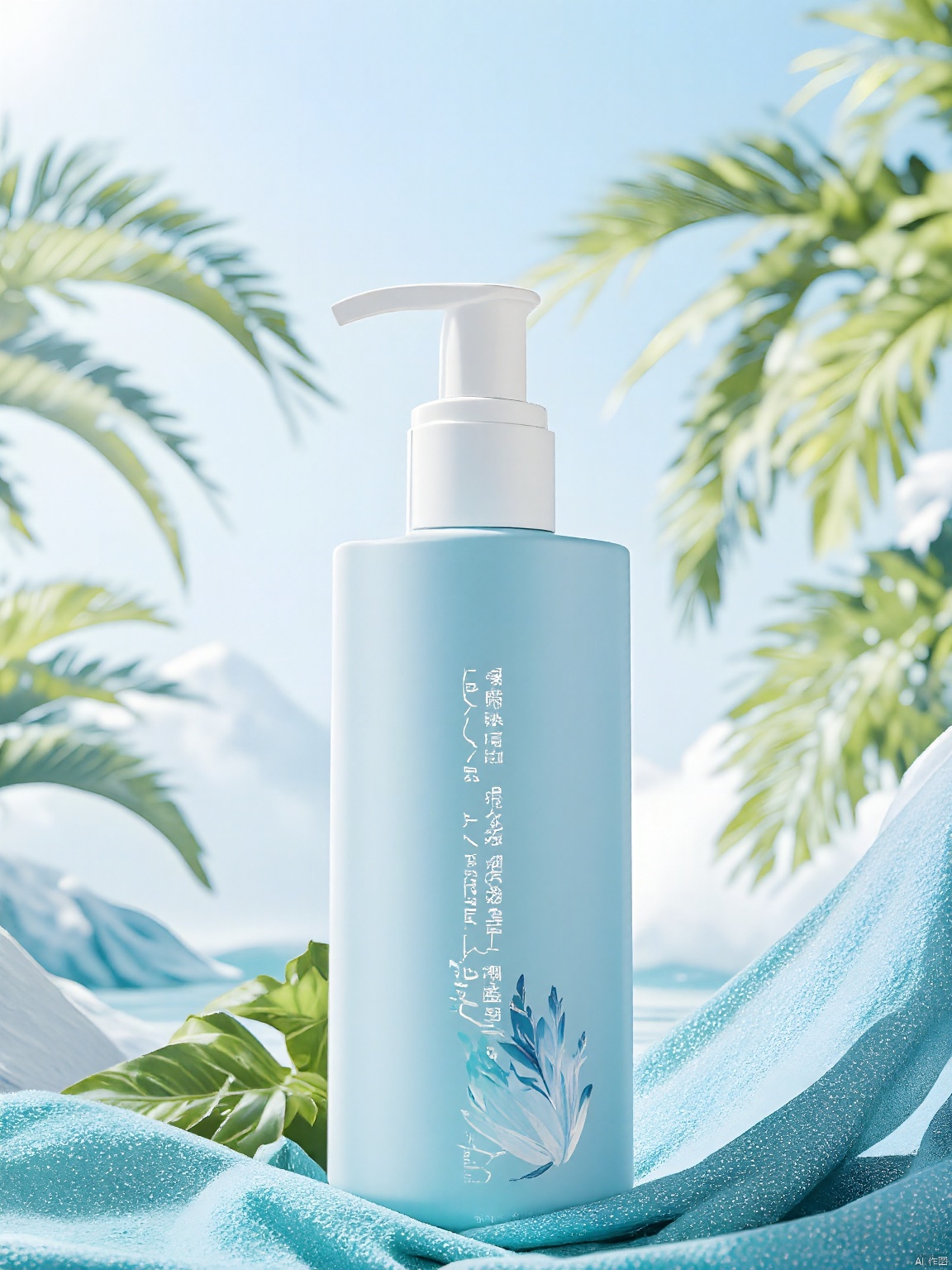 DSCJ, A photograph of a blue skincare product bottle labeled "VEEANY," featuring a pump dispenser and a tropical leaf design. The bottle is placed on a blue fabric, with a blurred background of palm trees and a tropical beach setting. The product is positioned in the center of the frame, with a shallow depth of field, making the background elements out of focus. The lighting is bright and natural, suggesting a sunny day. The camera angle is straight-on, capturing the product in detail.
