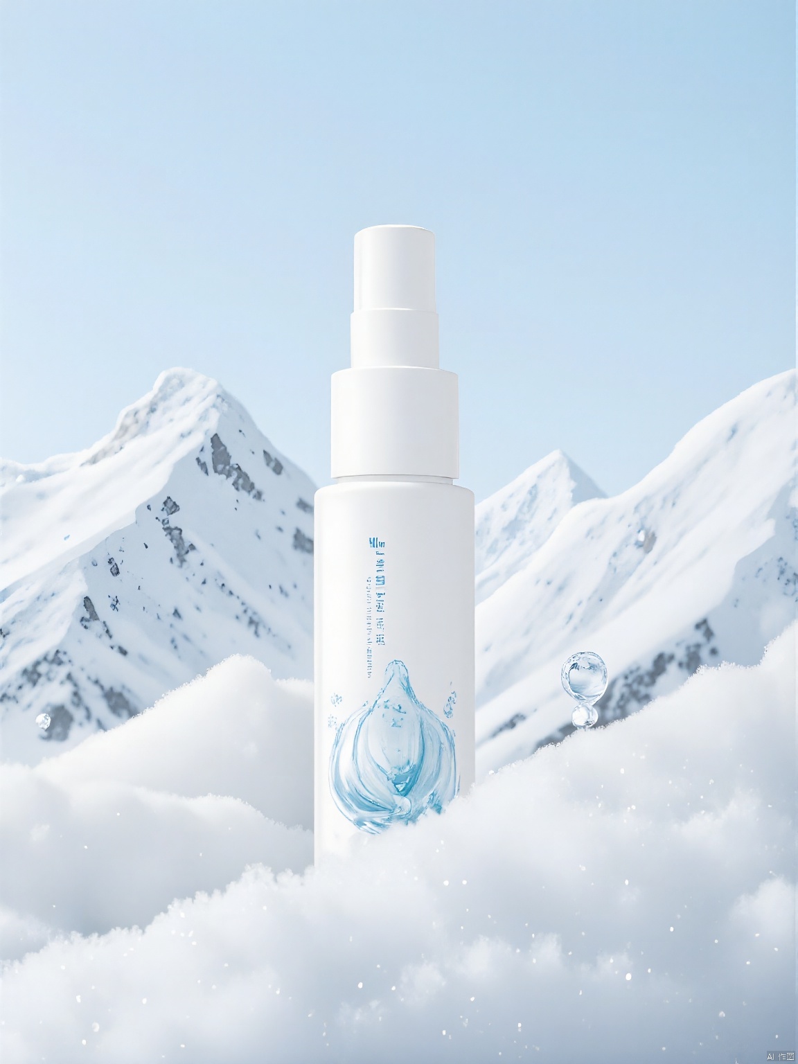 DSCJ, Photograph of a white bottle of skincare product labeled "Aespa" with a blue water droplet design. The bottle is positioned in the center of the image, surrounded by a snowy landscape with mountains in the background. The scene is serene and clean, with a shallow depth of field that keeps the background slightly blurred. The bottle is the focal point, with the snowy foreground and blue sky adding to the aesthetic. The product's name and features are prominently displayed on the label.