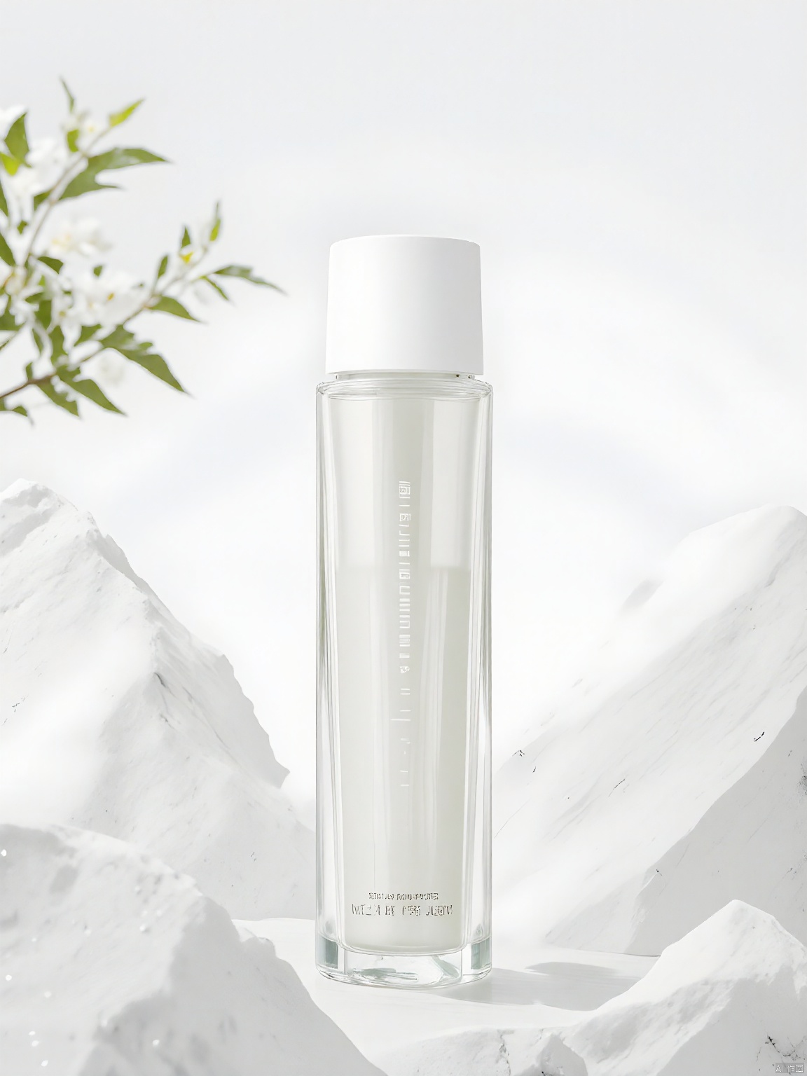 DSCJ, A tall, narrow bottle of facial cleanser called "Purity" stands upright on a marble countertop, its clear glass body showcasing the product's consistency. The backdrop is a minimalist, elegant setup with soft lighting, focusing on the bottle's sleek design.