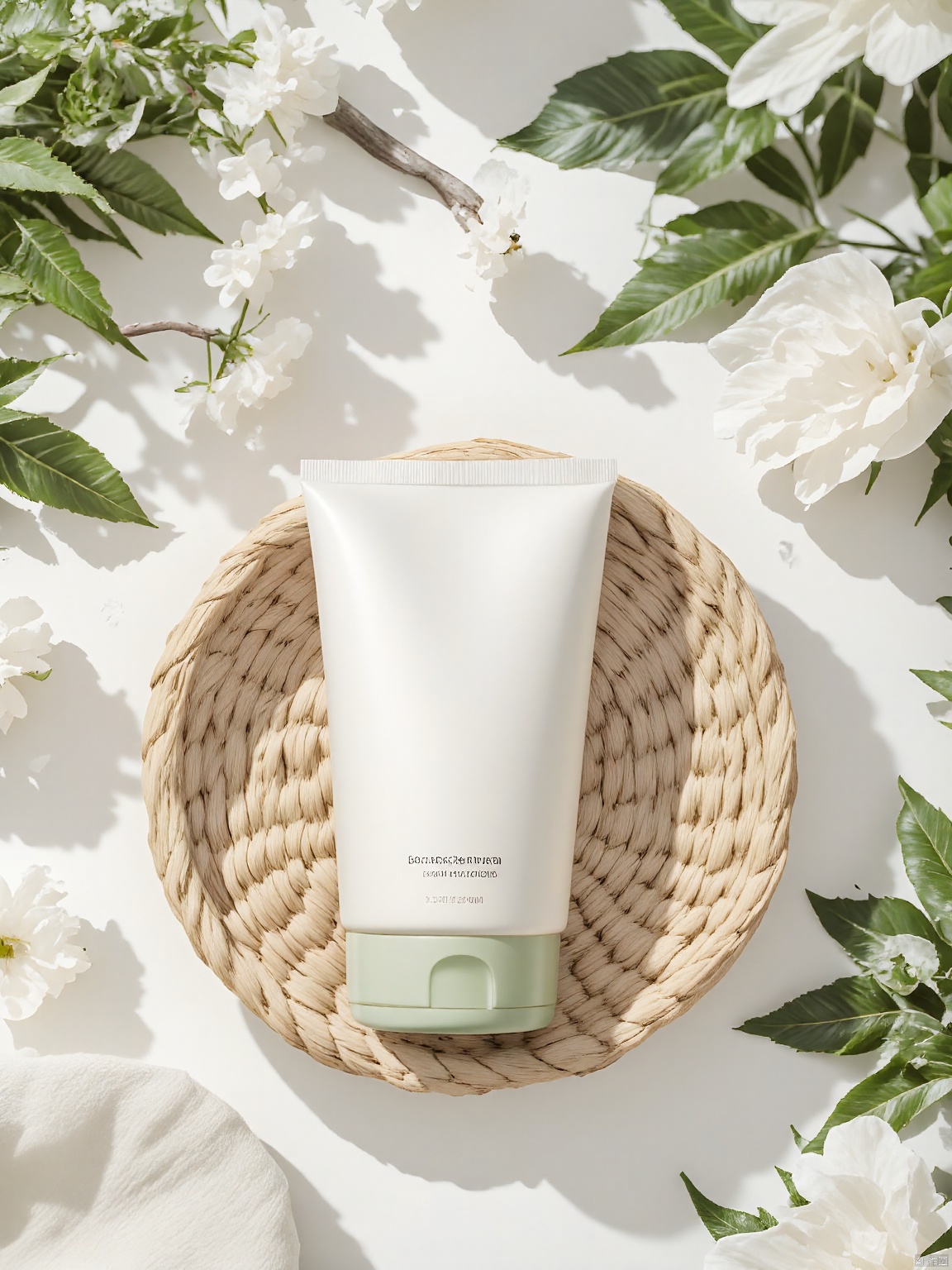 DSCJ, A tube of hand cream labeled "Harmony" lies horizontally on a woven basket, surrounded by natural elements like twigs and leaves. The setting is a rustic, outdoor environment, evoking a sense of simplicity and purity.