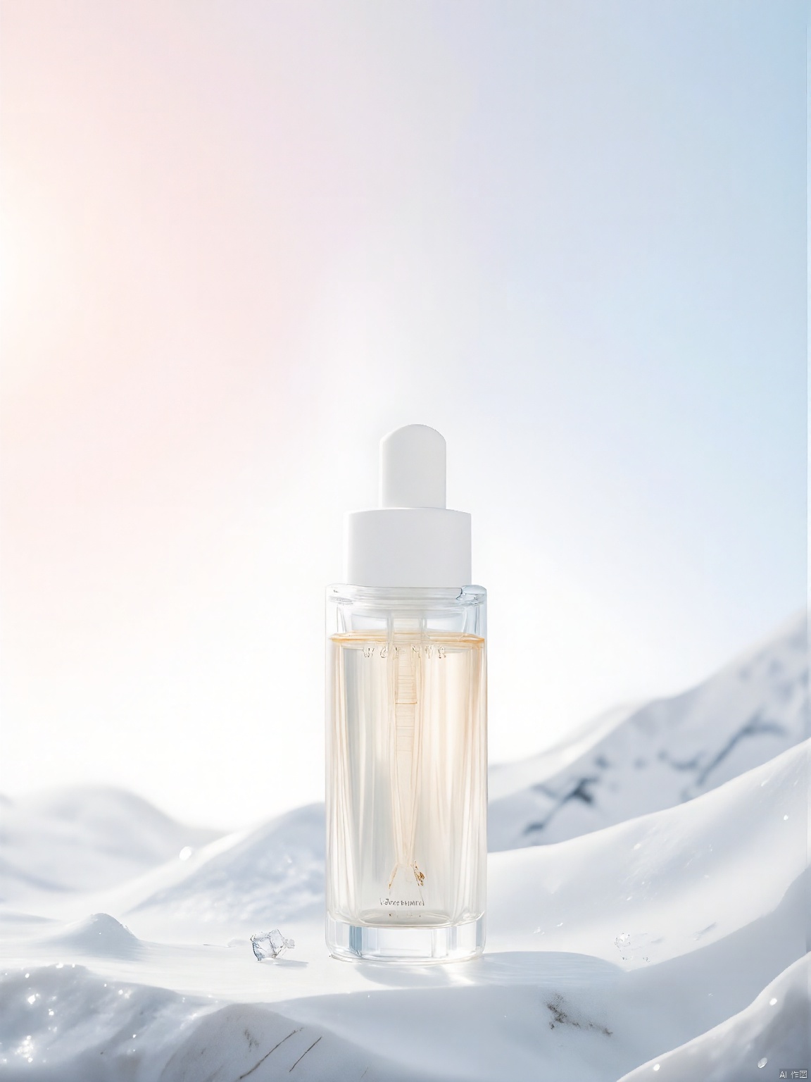 DSCJ, A transparent bottle of serum labeled "Lumina" sits on a marble countertop, its contents glowing under bright studio lights. The background is a blurred gradient of pastel pink and blue, creating a dreamy, ethereal atmosphere. The bottle stands out as the centerpiece of the image.