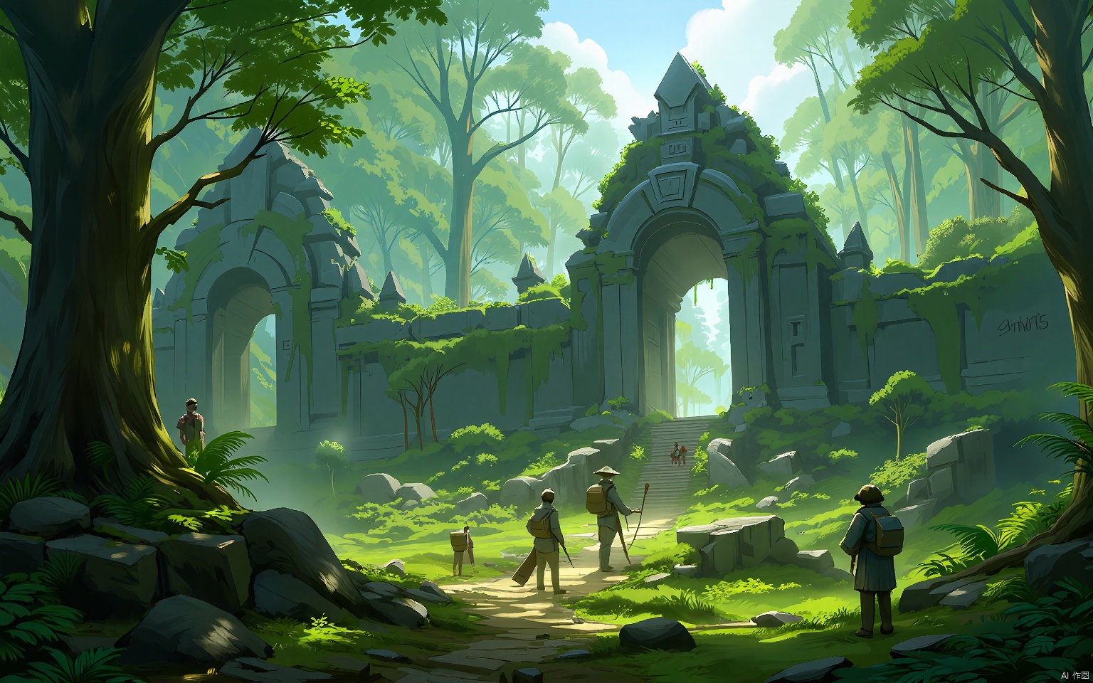 GNSJ, conceptual design, A ancient temple hidden deep within a dense jungle. Overgrown pathways and moss-covered stones. Archaeologists uncover ancient artifacts, revealing the secrets of a lost civilization.