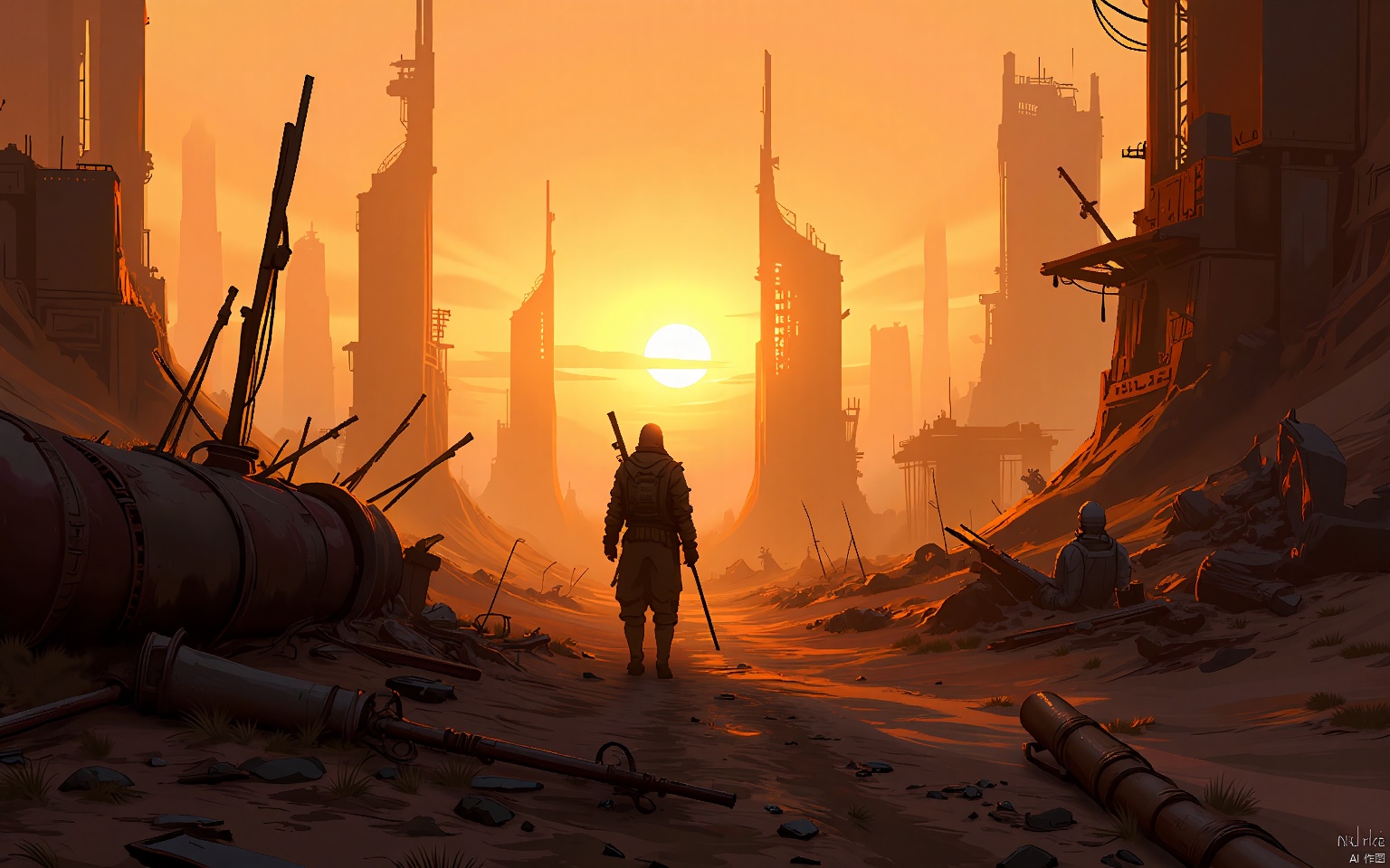 GNSJ, conceptual design, A post-apocalyptic wasteland with rusted metal structures and barren landscapes. High contrast lighting, emphasizing shadows and texture. A solitary survivor scavenges through ruins, silhouetted against a setting sun.