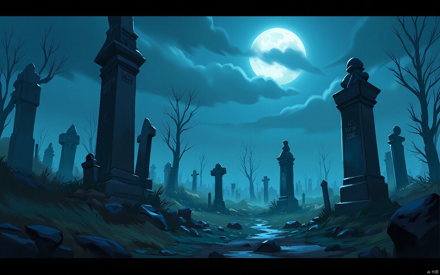 GNSJ, conceptual design, A haunted graveyard with ancient tombstones and eerie whispers. Moonlight casts eerie shadows, and the air is thick with mist. Ghosts and spirits wander the grounds, seeking resolution.