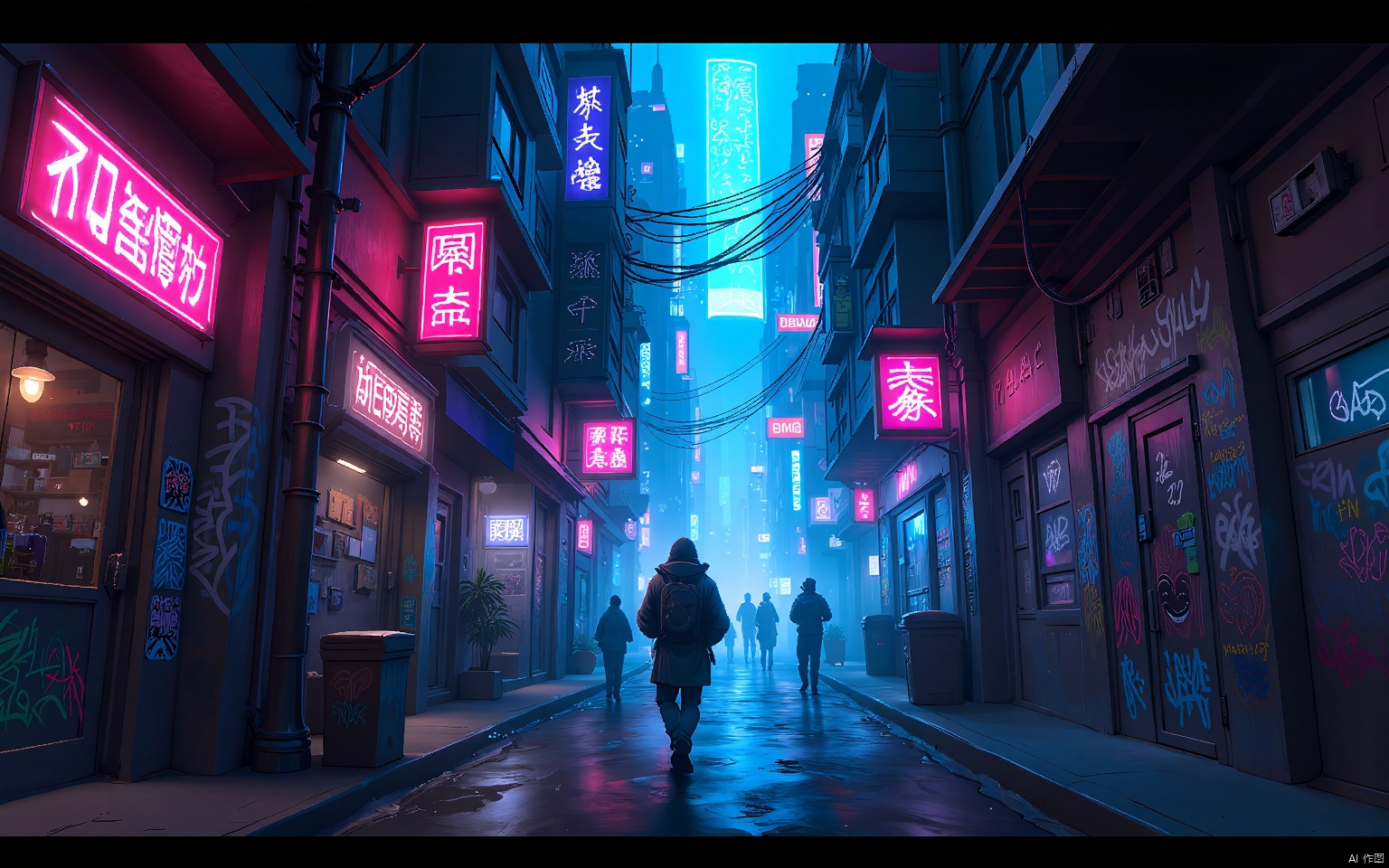 GNSJ, conceptual design, A cyberpunk alleyway with neon signs and dark corners. Graffiti covers the walls, and holographic projections flicker to life. A shadowy figure sneaks through, evading security drones.