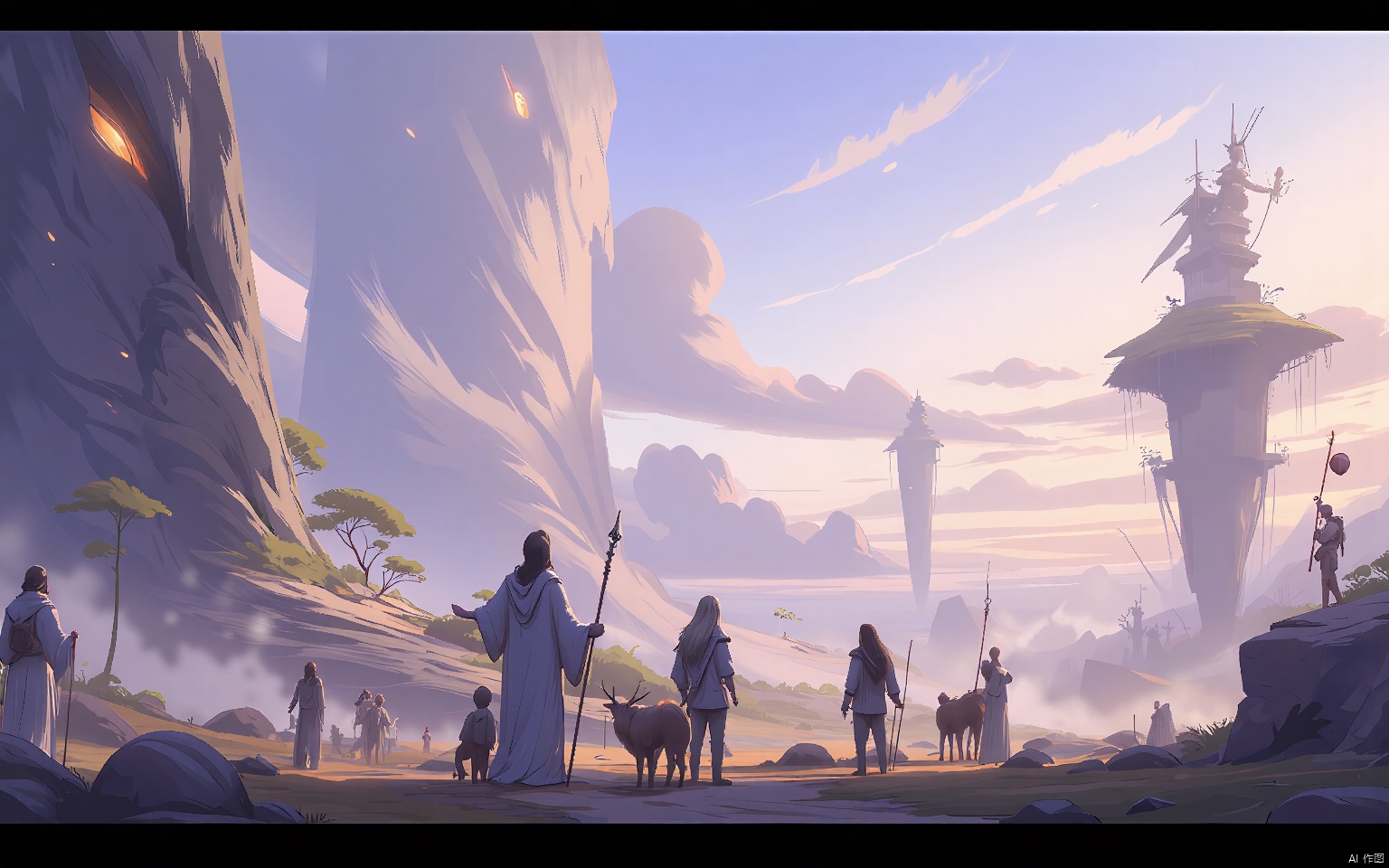 GNSJ, conceptual design, A celestial realm with floating islands and ethereal beings. Soft, glowing lights and a sense of otherworldliness. Divine beings interact with mortals, guiding them towards enlightenment.