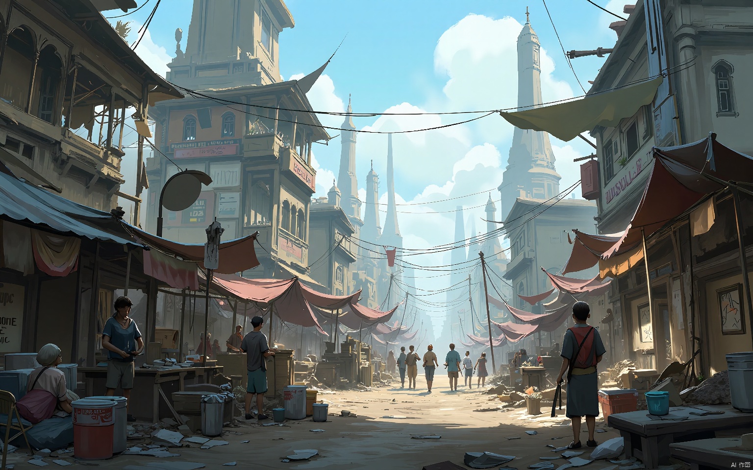 GNSJ, conceptual design, A dystopian slum with makeshift shelters and squalor. Desaturated colors and a sense of despair. Residents struggle to survive amidst the ruins of a once-great city.