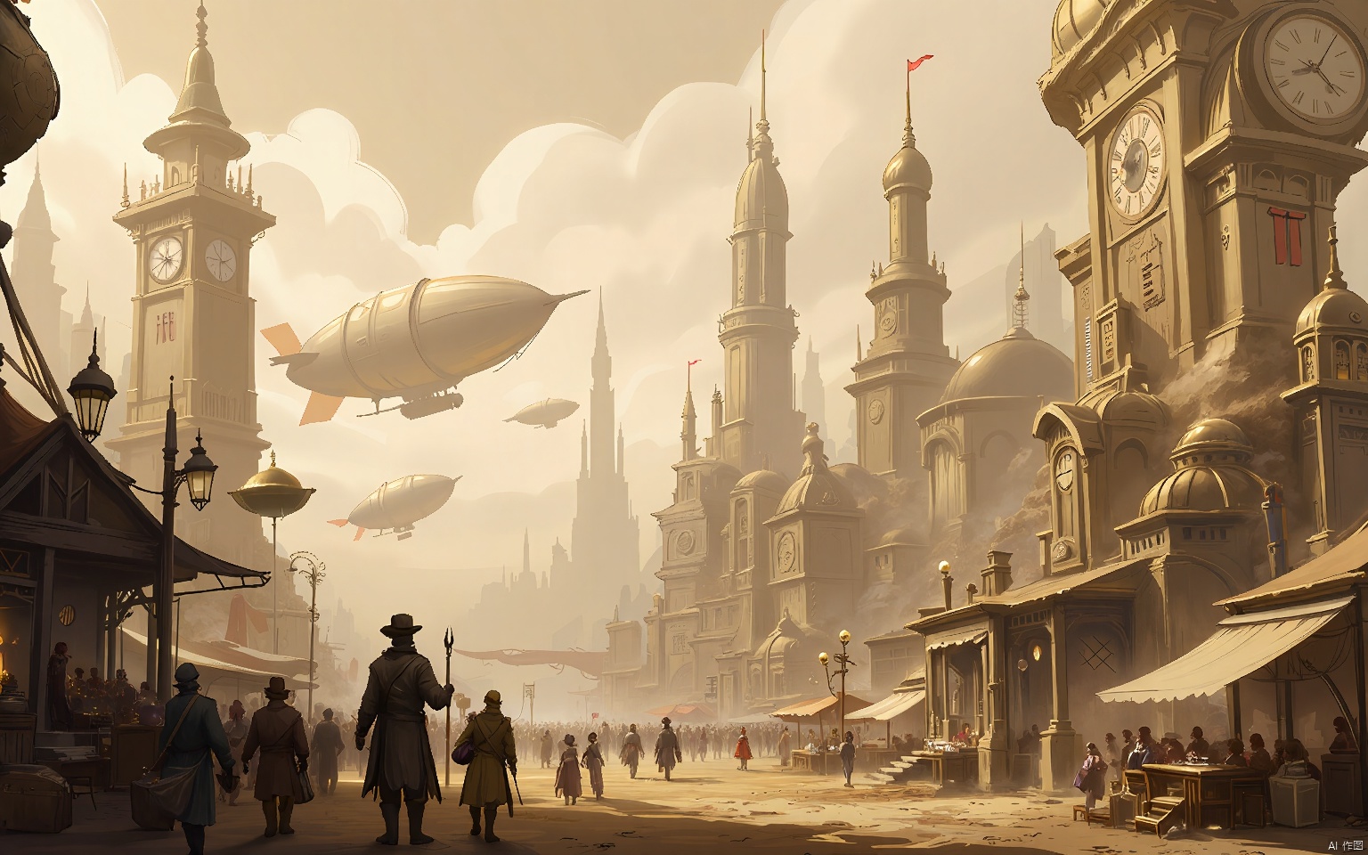 GNSJ, conceptual design, A steampunk metropolis with clockwork towers and flying dirigibles. Detailed mechanical elements and a sepia tone give it a nostalgic feel. Citizens in elaborate costumes go about their daily lives.