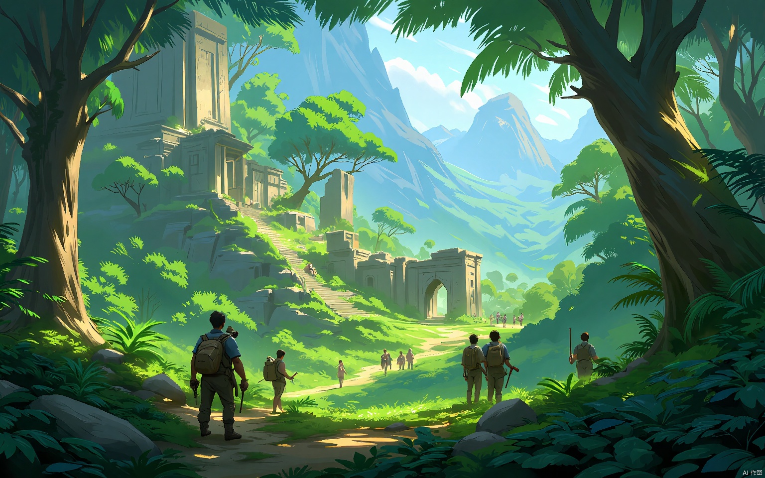 GNSJ, conceptual design, A lush jungle with dense foliage and exotic wildlife. Bright, vivid colors and a sense of abundance. Explorers cut through the underbrush, discovering ancient ruins hidden within.