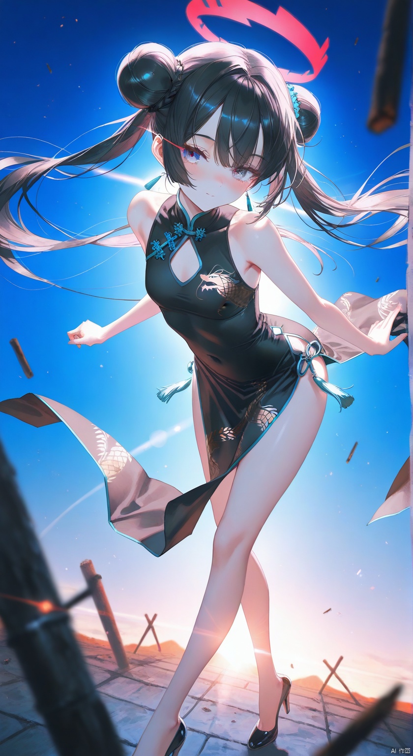 1girl, solo, long hair, breasts, looking at viewer, blush, bangs, blue eyes, simple background, black hair, dress, twintails, standing, full body, sleeveless, alternate costume, hair bun, black footwear, black dress, high heels, double bun, leaning forward, sleeveless dress, blue background, halo, chinese clothes, hand on own chest, china dress ,
eye trail,backlighting,depth of field,cinematic lighting,light particles,lens flare, (artist:quasarcake:0.8),extreme aesthetic,(wlop:0.6),honjou honjou raita,lack,rella,wanke, raita,lack,rella ,wanke,masterpiece,best quality,good quality,newest,year 2024,year 2023,very aesthetic,absurdres,Visual impact,A shot with tension, ultra-high resolution,32K UHD,sharp focus,best quality,masterpiece,Emotionalization,unconventional supreme masterpiece,masterful details,temperate atmosphere,with a high end texture,in the style of fashion photography, (Visual impact:1.2),giving the poster a dynamic and visually striking appearance,impactful picture,offcial art,colorful,splash of color,movie perspective, masterpiece,best quality,amazing quality,very aesthetic,absurdres,best quality,newest