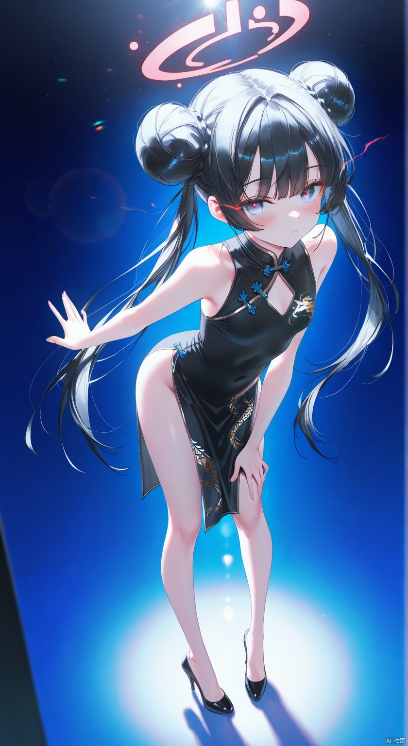 1girl, solo, long hair, breasts, looking at viewer, blush, bangs, blue eyes, simple background, black hair, dress, twintails, standing, full body, sleeveless, alternate costume, hair bun, black footwear, black dress, high heels, double bun, leaning forward, sleeveless dress, blue background, halo, chinese clothes, hand on own chest, china dress ,
eye trail,backlighting,depth of field,cinematic lighting,light particles,lens flare, (artist:quasarcake:0.8),extreme aesthetic,(wlop:0.6),honjou honjou raita,lack,rella,wanke, raita,lack,rella ,wanke,masterpiece,best quality,good quality,newest,year 2024,year 2023,very aesthetic,absurdres,Visual impact,A shot with tension, ultra-high resolution,32K UHD,sharp focus,best quality,masterpiece,Emotionalization,unconventional supreme masterpiece,masterful details,temperate atmosphere,with a high end texture,in the style of fashion photography, (Visual impact:1.2),giving the poster a dynamic and visually striking appearance,impactful picture,offcial art,colorful,splash of color,movie perspective, masterpiece,best quality,amazing quality,very aesthetic,absurdres,best quality,newest