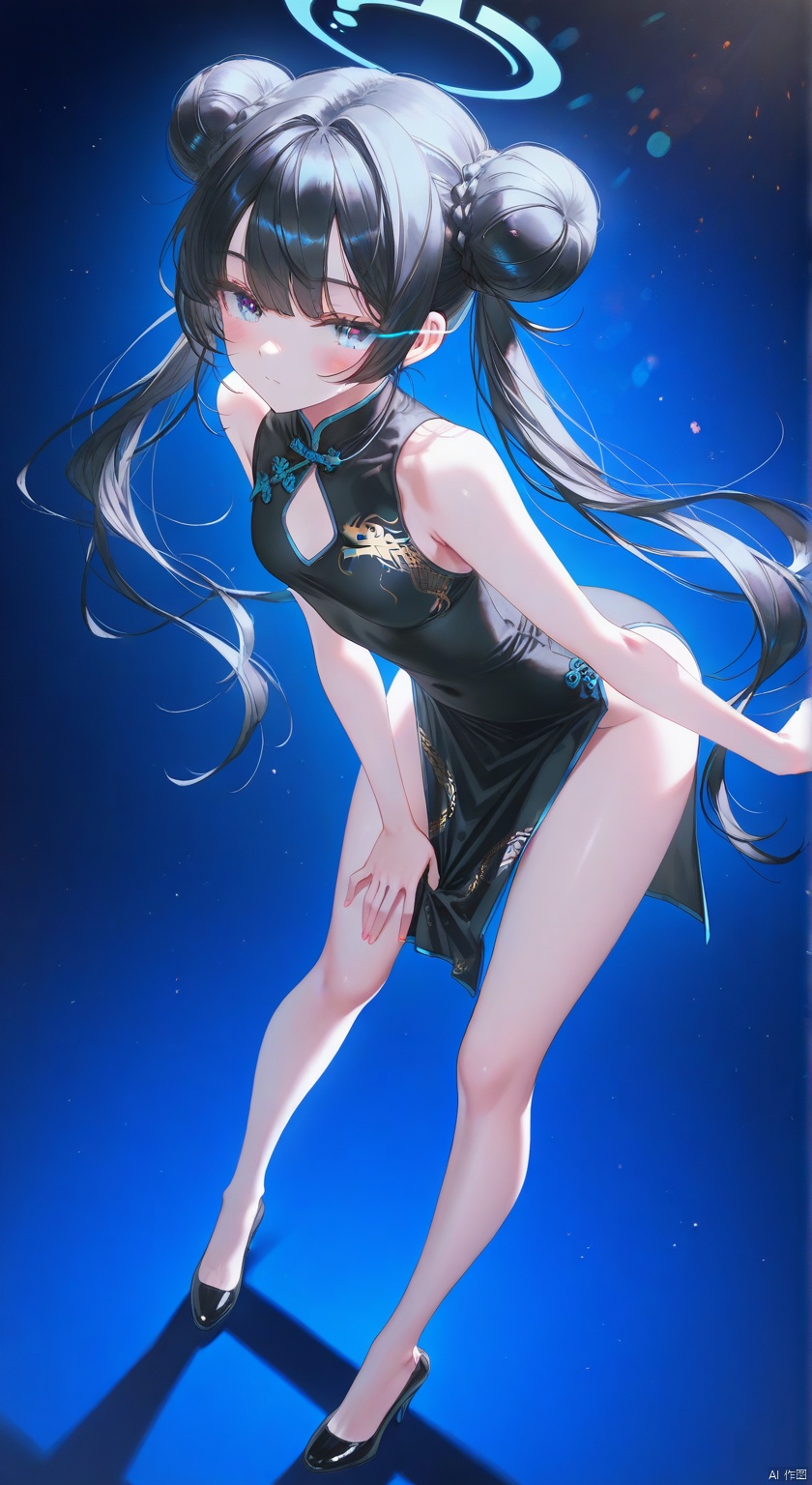 1girl, solo, long hair, breasts, looking at viewer, blush, bangs, blue eyes, simple background, black hair, dress, twintails, standing, full body, sleeveless, alternate costume, hair bun, black footwear, black dress, high heels, double bun, leaning forward, sleeveless dress, blue background, halo, chinese clothes, hand on own chest, china dress ,
eye trail,backlighting,depth of field,cinematic lighting,light particles,lens flare, (artist:quasarcake:0.8),extreme aesthetic,(wlop:0.6),honjou honjou raita,lack,rella,wanke, raita,lack,rella ,wanke,masterpiece,best quality,good quality,newest,year 2024,year 2023,very aesthetic,absurdres,Visual impact,A shot with tension, ultra-high resolution,32K UHD,sharp focus,best quality,masterpiece,Emotionalization,unconventional supreme masterpiece,masterful details,temperate atmosphere,with a high end texture,in the style of fashion photography, (Visual impact:1.2),giving the poster a dynamic and visually striking appearance,impactful picture,offcial art,colorful,splash of color,movie perspective, masterpiece,best quality,amazing quality,very aesthetic,absurdres,best quality,newest