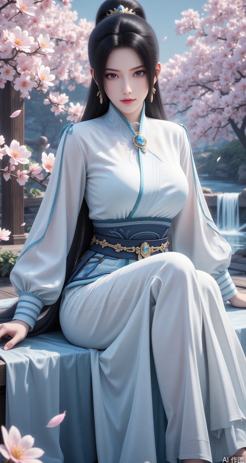 lvjing,ningyao,black hair,long hair,brown eyes,crown,fair_skin, ningyao,1girl,solo,water,long hair,sitting,sash,full body,white dress,dress,ponytail,flower,waterfall,jewelry,earrings,brown hair,looking at viewer,long sleeves,petals,chinese clothes,falling petals,hair ornament,cherry blossoms, cover,simple background,gradient_background,Close-up details,outstanding style,adding a touch of dimension to your images without compromising details,close-up,
