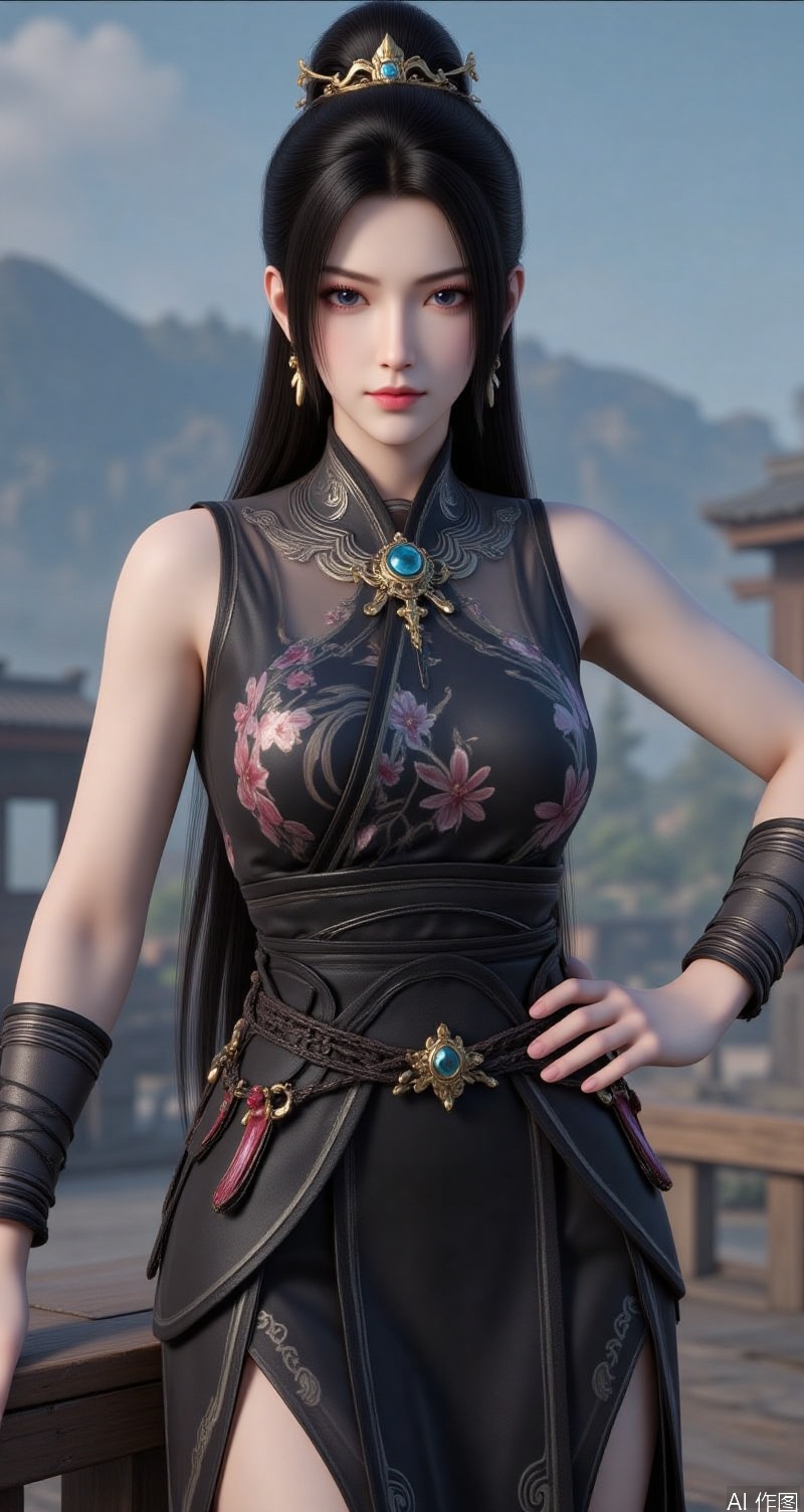 lvjing,ningyao,black hair,long hair,brown eyes,crown,fair_skin,  1girl,dress,jewelry,earrings,china dress,chinese clothes,blurry background,blurry,breasts,solo,looking at viewer,hand on own hip,floral print,sleeveless,black dress,sleeveless dress,bracelet,parted lips,bare shoulders,side slit,cowboy shot,holding, cover,simple background,gradient_background,Close-up details,outstanding style,adding a touch of dimension to your images without compromising details,close-up,lvjing,