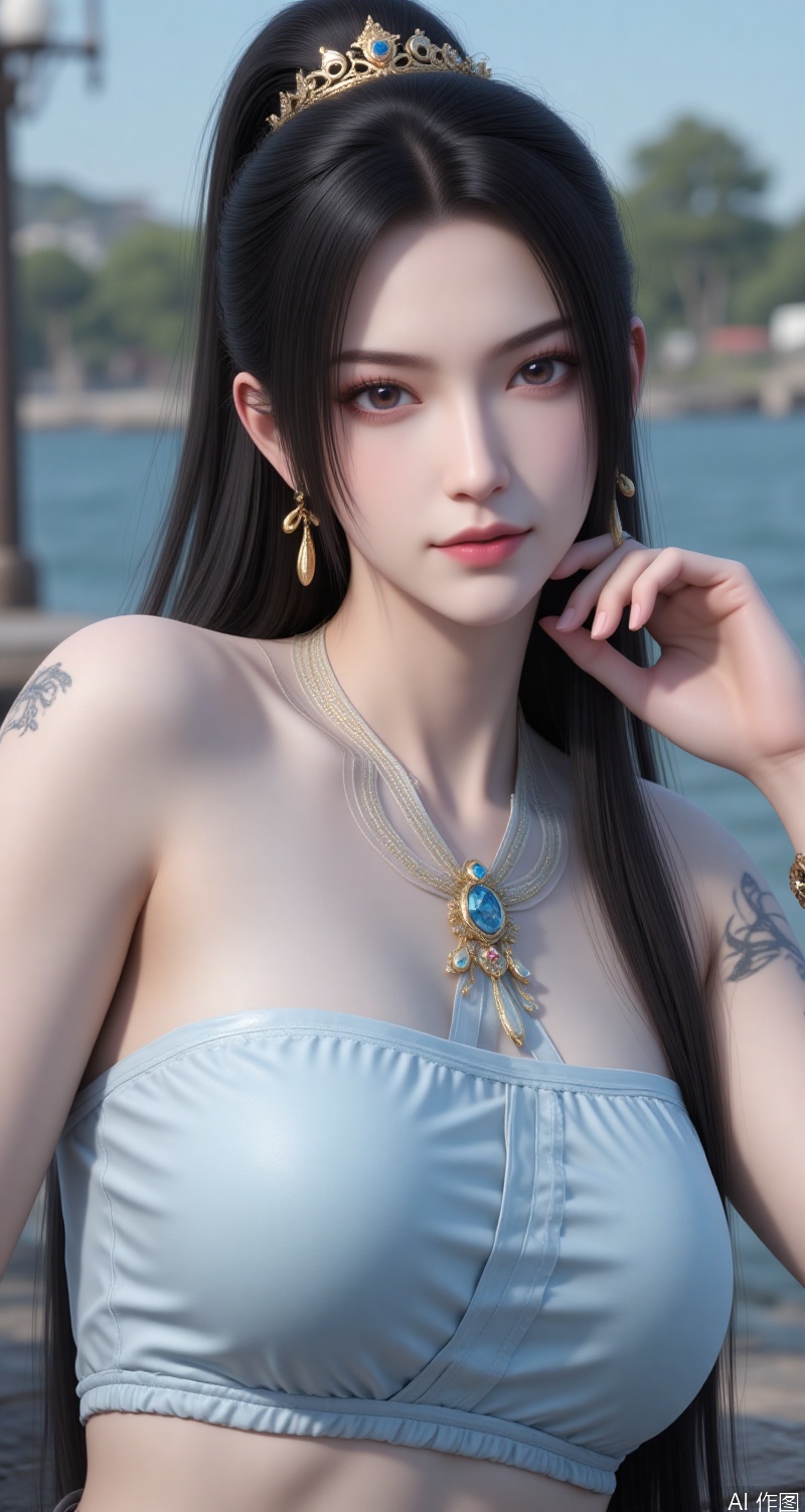 lvjing,ningyao,black hair,long hair,brown eyes,crown,fair_skin, 1girl,swimsuit,breasts,bangs,jewelry,bikini,bangs,solo,navel,looking at viewer,tattoo,earrings,necklace,upside-down,cleavage,bracelet,arm tattoo,blurry background,parted lips,blurry,large breasts,lying,outdoors,shoulder tattoo,medium breasts,stomach,bare shoulders,lips,sideways,smile,string bikini, cover,simple background,gradient_background,Close-up details,outstanding style,adding a touch of dimension to your images without compromising details,close-up,lvjing,
