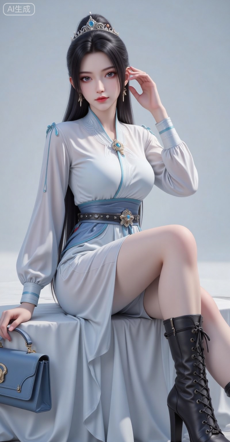 lvjing,ningyao,black hair,long hair,brown eyes,crown,fair_skin, 1girl,jewelry,handbag,earrings,breasts,boots,necklace,bag,solo,dress,phone,high heels,black footwear,high heel boots,sitting,white dress,cellphone,plunging neckline,large breasts,crossed legs,holding,belt,looking at viewer,cleavage,smartphone,holding phone,simple background,full body,realistic,lips,long sleeves,closed mouth,cover,simple background,gradient_background,Close-up details,outstanding style,adding a touch of dimension to your images without compromising details,close-up,lvjing,


