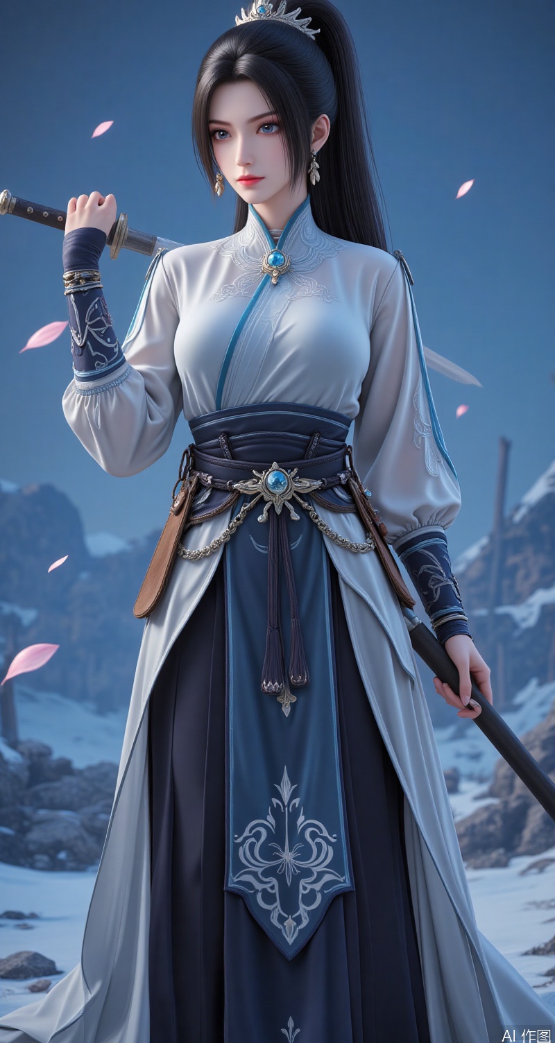 lvjing,ningyao,black hair,long hair,brown eyes,crown,fair_skin, ningyao,1girl,weapon,solo,sword,ponytail,jewelry,long hair,black hair,earrings,sheath,holding,skirt,petals,holding weapon,holding sword,sheathed,falling petals,arm guards,blue background, cover,simple background,gradient_background,Close-up details,outstanding style,adding a touch of dimension to your images without compromising details,close-up,