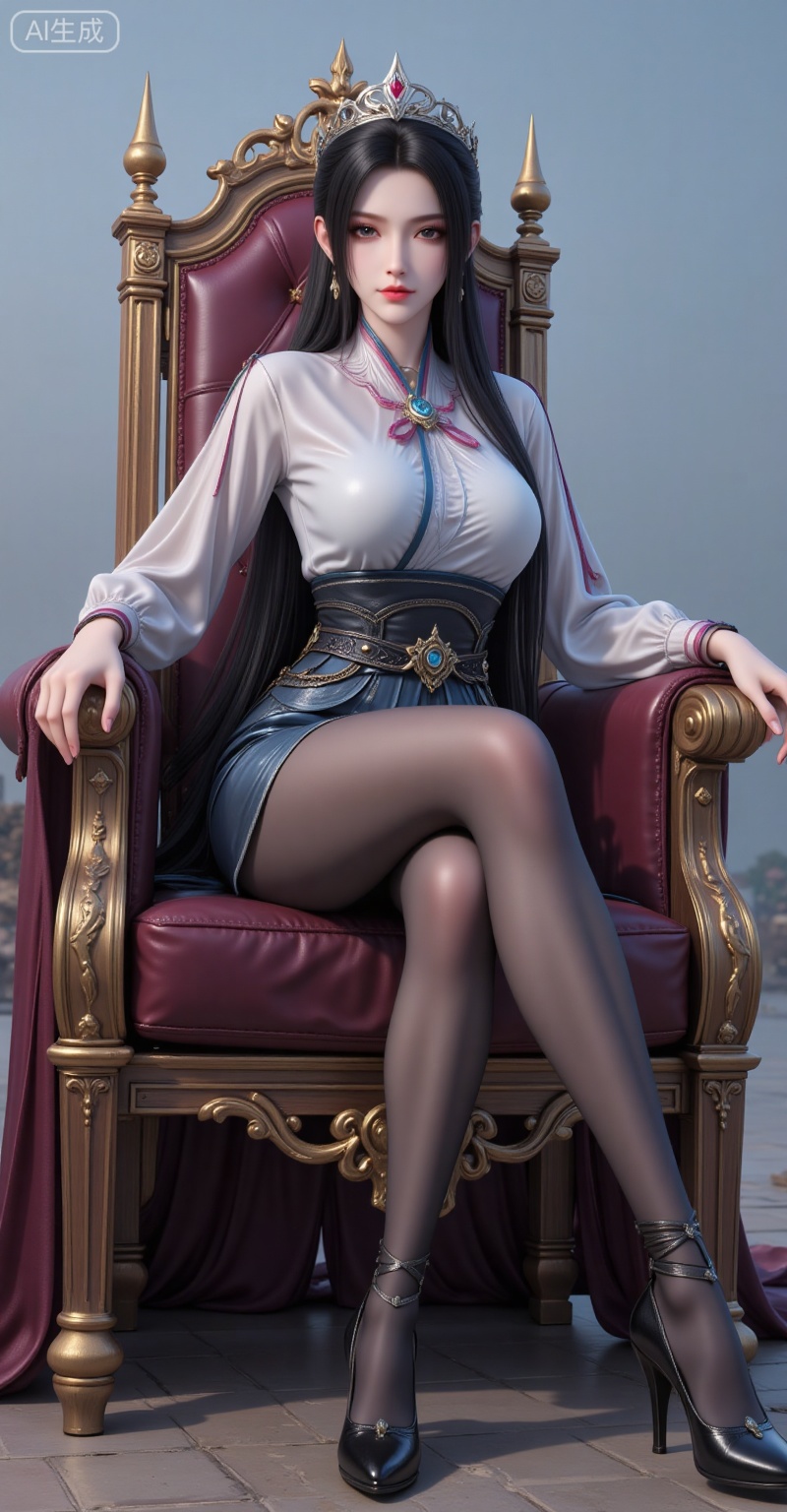 lvjing,ningyao,black hair,long hair,brown eyes,crown,fair_skin, 11girl,high heels,sitting,solo,pantyhose,looking at viewer,black pantyhose,full body,throne,legs,dress,breasts,cover,simple background,gradient_background,Close-up details,outstanding style,adding a touch of dimension to your images without compromising details,close-up,lvjing,