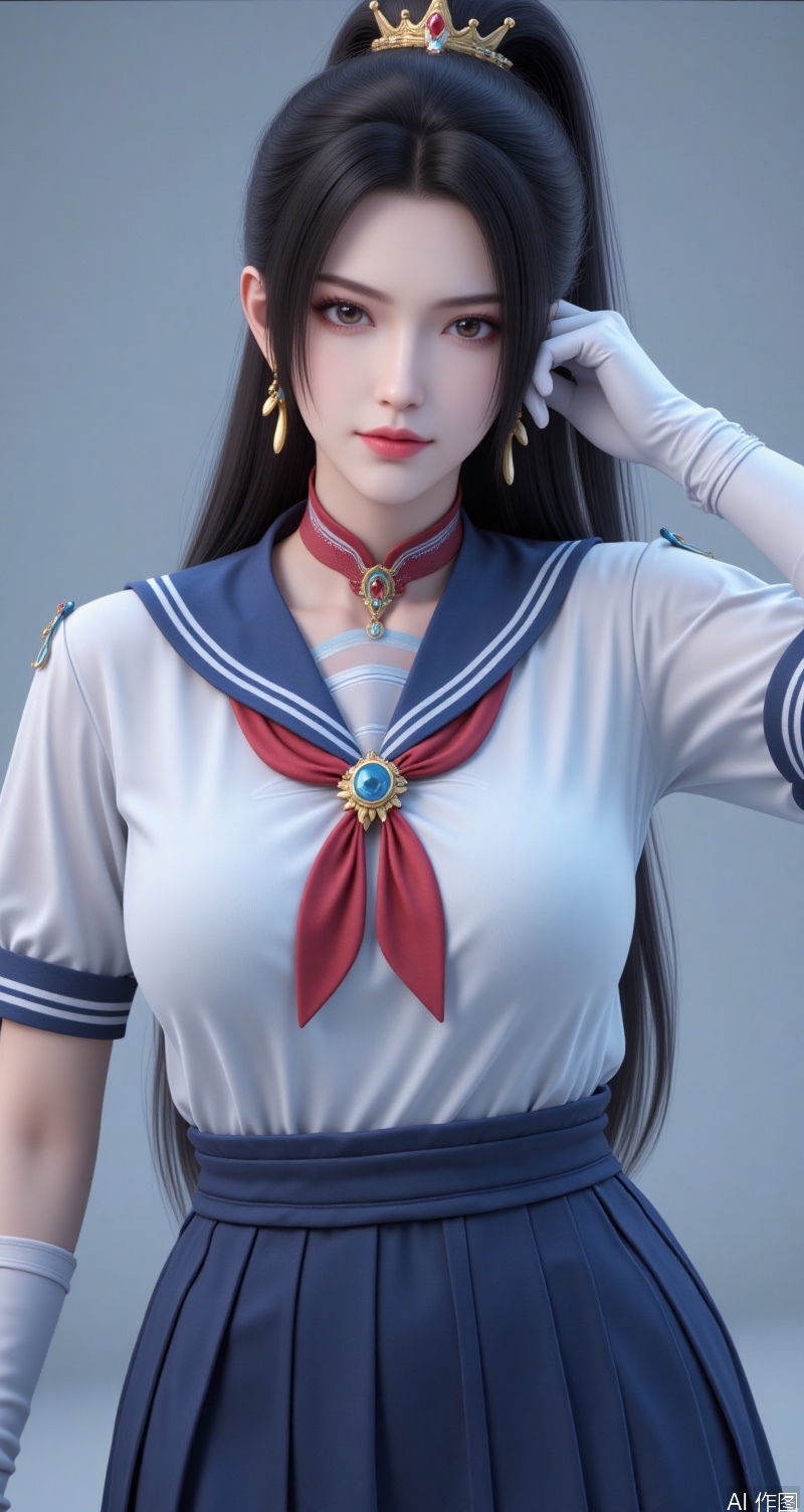 lvjing,ningyao,black hair,long hair,brown eyes,crown,fair_skin, 1girl,solo,skirt,sailor senshi uniform,blue sailor collar,jewelry,gloves,sailor collar,blue skirt,choker,white gloves,earrings,crescent earrings,pleated skirt,bow,magical girl,red bow,crescent,elbow gloves,red choker,covered navel,hair ornament,looking at viewer,collarbone,bowtie,circlet, cover,simple background,gradient_background,Close-up details,outstanding style,adding a touch of dimension to your images without compromising details,close-up,lvjing,
