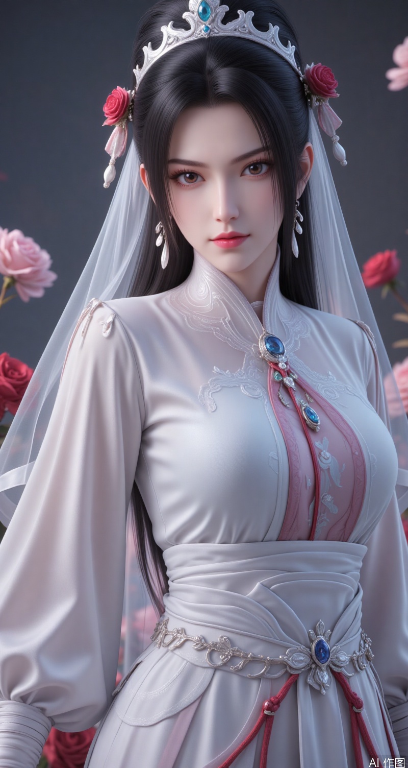 lvjing,ningyao,black hair,long hair,brown eyes,crown,fair_skin, 1girl,solo,dress,flower,white dress,rose,jewelry,hair ornament,earrings,veil,looking at viewer,red lips,tiara,wedding dress,bare shoulders,hair flower,breasts,red rose,red flower,looking back,backless dress,makeup,lipstick,pink rose,Cinematic Lighting,highres,upper_body,cover,simple background,gradient_background,Close-up details,outstanding style,adding a touch of dimension to your images without compromising details,close-up,lvjing,absurdres,colorful,
