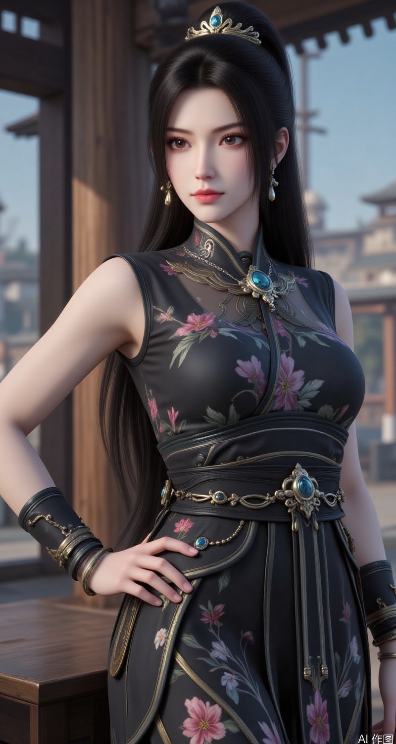 lvjing,ningyao,black hair,long hair,brown eyes,crown,fair_skin, 1girl,dress,jewelry,earrings,china dress,chinese clothes,blurry background,blurry,breasts,solo,looking at viewer,hand on own hip,floral print,sleeveless,black dress,sleeveless dress,bracelet,parted lips,bare shoulders,side slit,cowboy shot,holding,cover,simple background,gradient_background,Close-up details,outstanding style,adding a touch of dimension to your images without compromising details,close-up,lvjing,absurdres,colorful,
