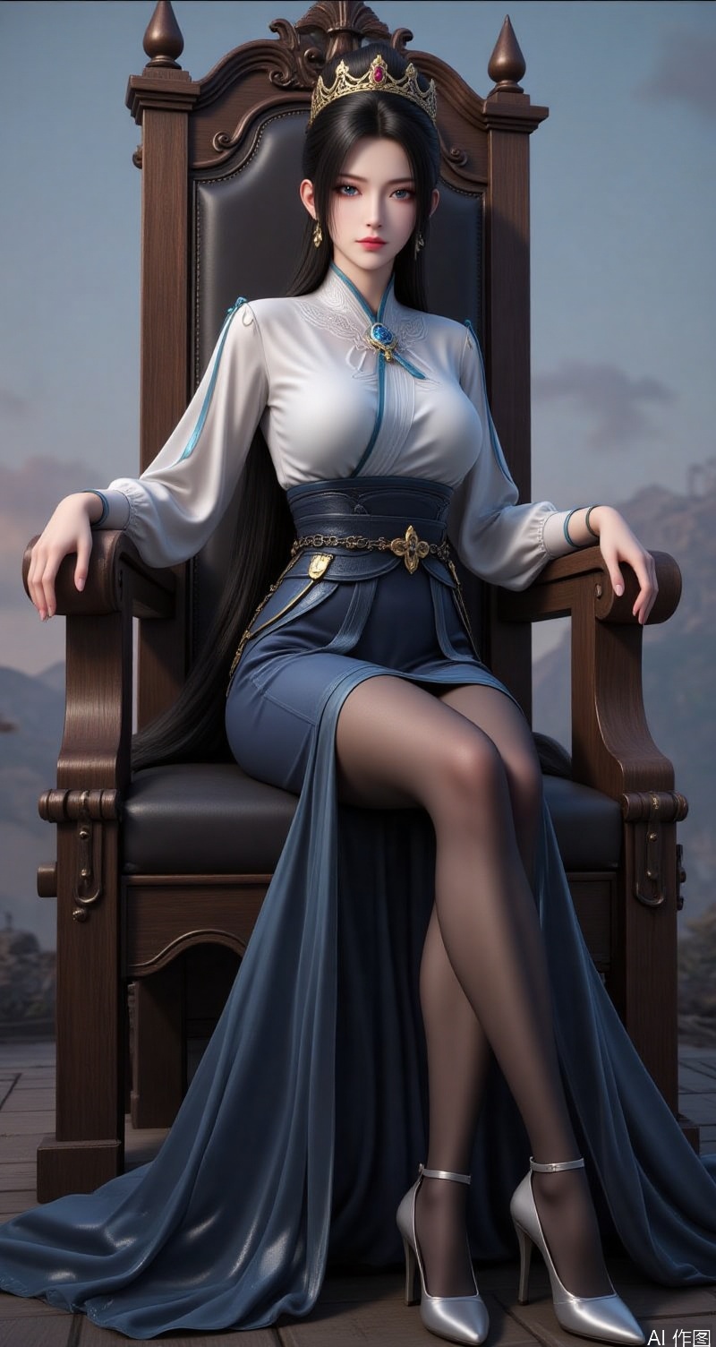 lvjing,ningyao,black hair,long hair,brown eyes,crown,fair_skin,  11girl,high heels,sitting,solo,pantyhose,looking at viewer,black pantyhose,full body,throne,legs,dress,breasts,cover,simple background,gradient_background,Close-up details,outstanding style,adding a touch of dimension to your images without compromising details,close-up,lvjing,
