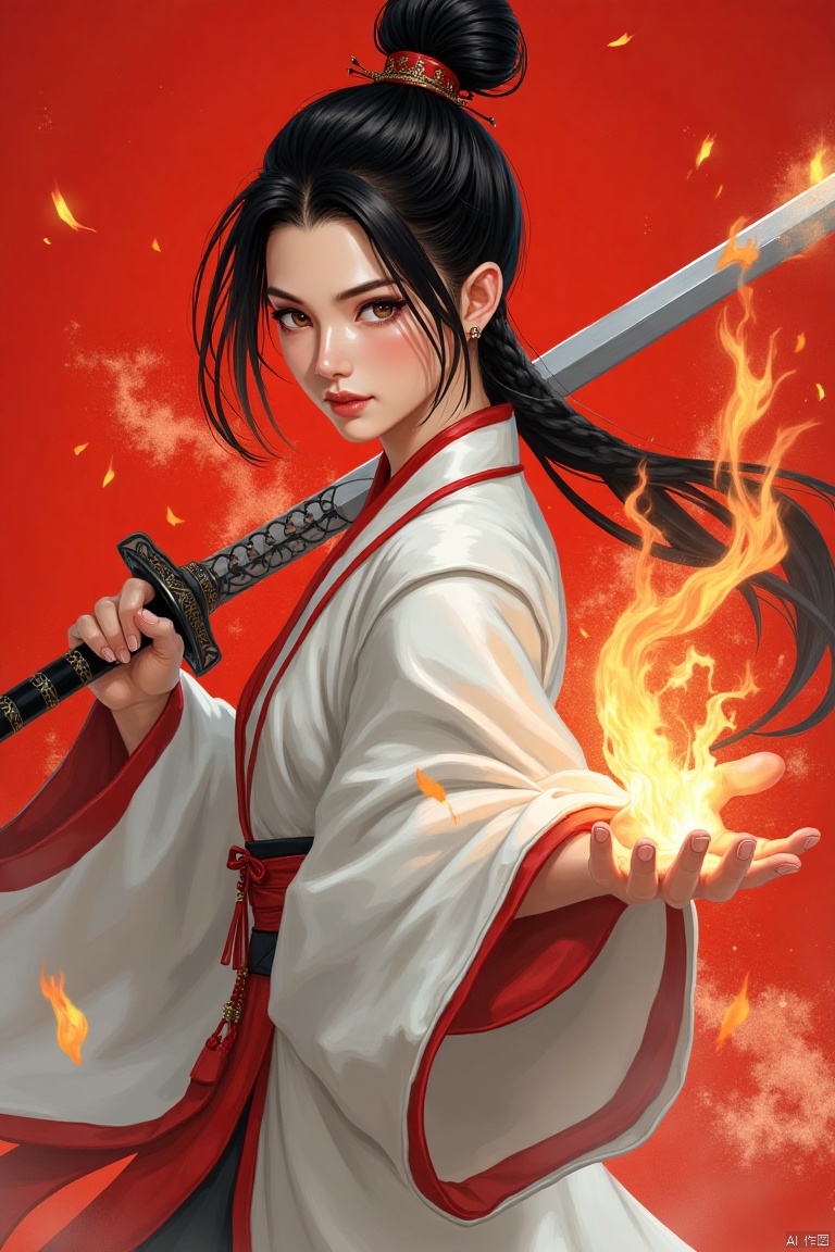 Masterpiece, 1girl, close up, wear white hanfu, Chinese Traditional cloth, short black hair, hair braid, (1hand holding a sword), red background, fire flame effect, ink painting style, dynamic pose, battle pose, open hand, good hand