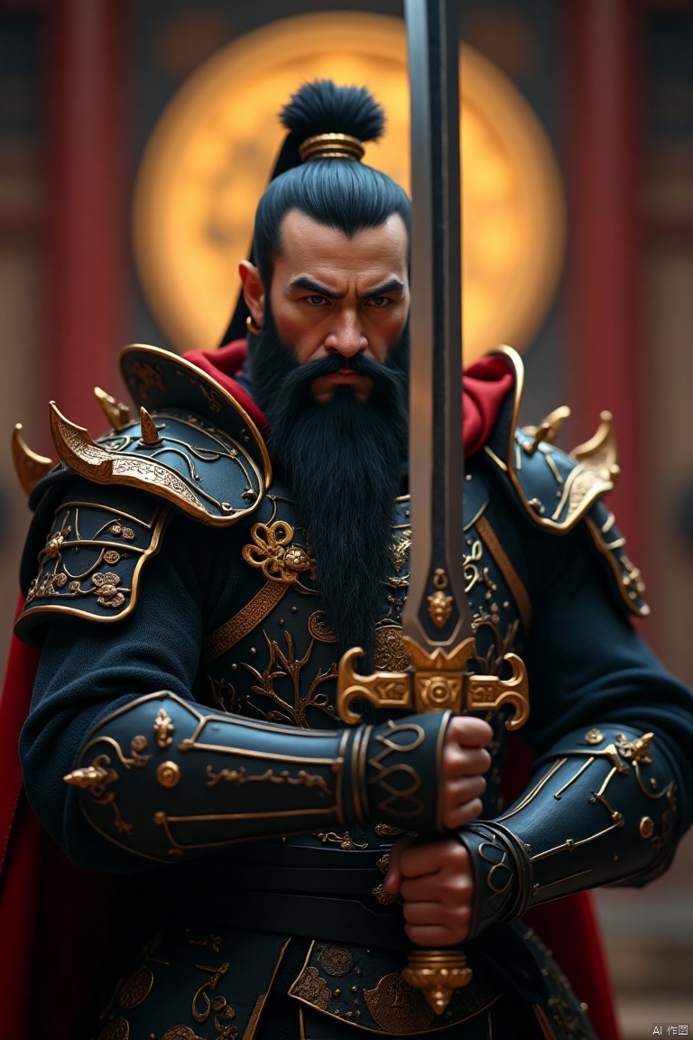 an action shot of a chiese man, black beard, wearing armor, (holding  a Ancient Chinese Sword), goldcoin in background, hkstyle, HD, masterpiece, best quality, hyper detailed, ultra detailed, super realistic,depth_of_field,cape,night:1.2,